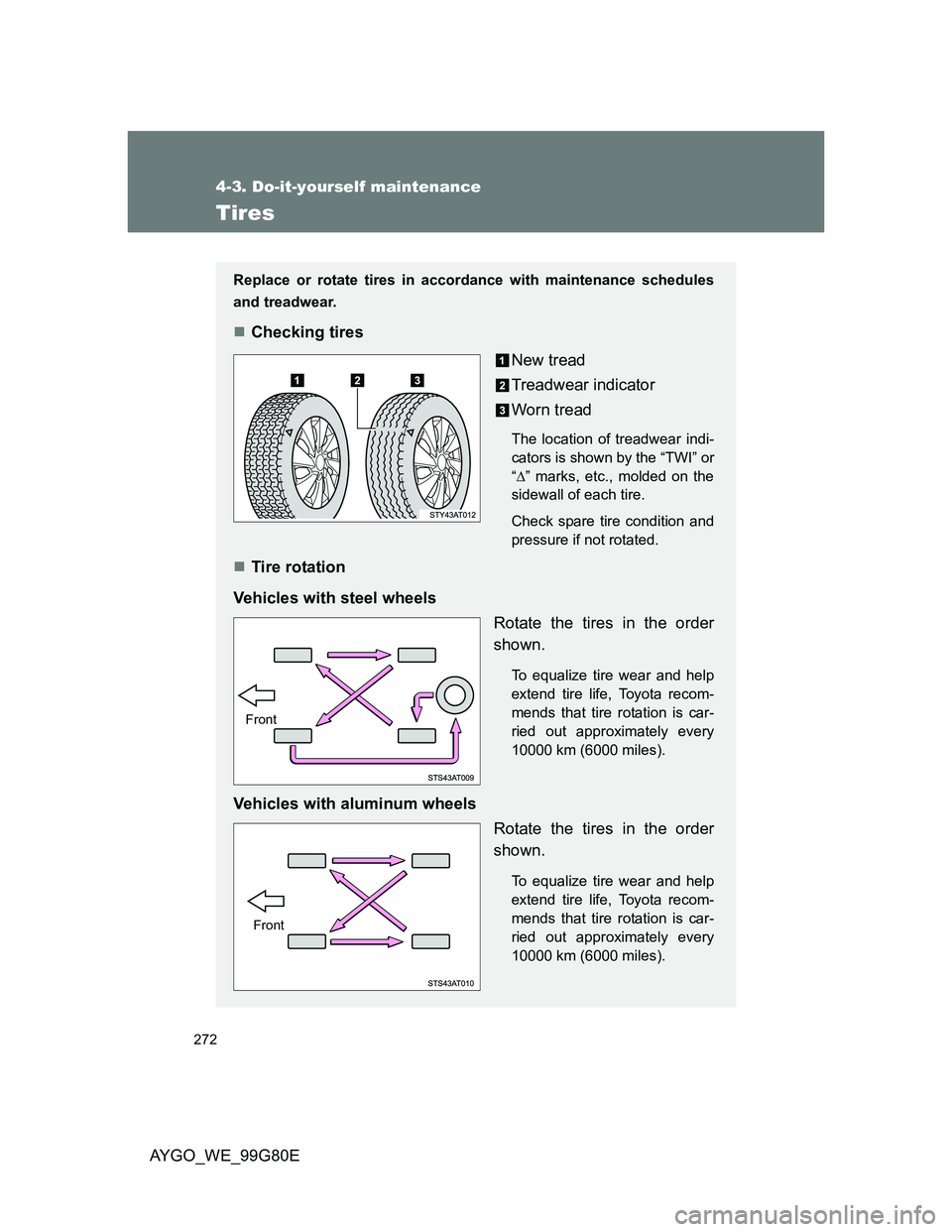 TOYOTA AYGO 2014 Owners Manual (in English) 272
4-3. Do-it-yourself maintenance
AYGO_WE_99G80E
Tires
Replace or rotate tires in accordance with maintenance schedules
and treadwear.
Checking tires
New tread
Treadwear indicator
Worn tread
The TOYOTA AYGO 2014 Owners Manual (in English) 272
4-3. Do-it-yourself maintenance
AYGO_WE_99G80E
Tires
Replace or rotate tires in accordance with maintenance schedules
and treadwear.
Checking tires
New tread
Treadwear indicator
Worn tread
The