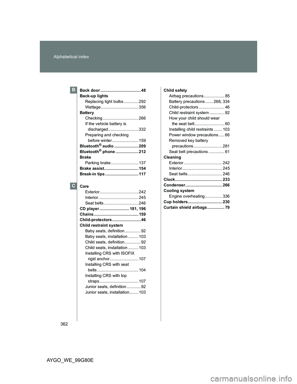 TOYOTA AYGO 2014 (in English) Owners Guide 362 Alphabetical index
AYGO_WE_99G80E
Back door ................................... 48
Back-up lights
Replacing light bulbs ............. 292
Wattage................................. 356
Battery
Check TOYOTA AYGO 2014 (in English) Owners Guide 362 Alphabetical index
AYGO_WE_99G80E
Back door ................................... 48
Back-up lights
Replacing light bulbs ............. 292
Wattage................................. 356
Battery
Check
