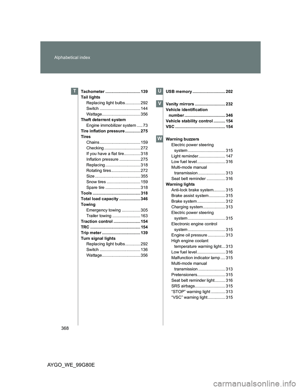 TOYOTA AYGO 2014 (in English) Owners Guide 368 Alphabetical index
AYGO_WE_99G80E
Tachometer .............................. 139
Tail lights
Replacing light bulbs ............. 292
Switch ................................... 144
Wattage.......... TOYOTA AYGO 2014 (in English) Owners Guide 368 Alphabetical index
AYGO_WE_99G80E
Tachometer .............................. 139
Tail lights
Replacing light bulbs ............. 292
Switch ................................... 144
Wattage..........