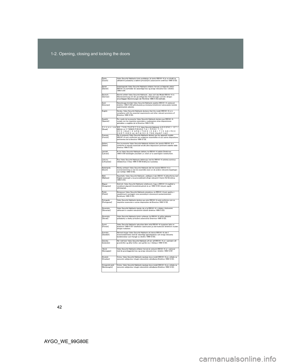 TOYOTA AYGO 2014   (in English) Service Manual 42 1-2. Opening, closing and locking the doors
AYGO_WE_99G80E 