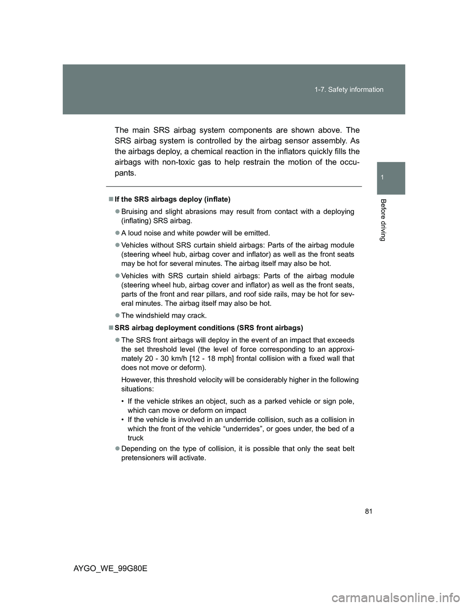 TOYOTA AYGO 2014 (in English) Manual Online 81 1-7. Safety information
1
Before driving
AYGO_WE_99G80EThe main SRS airbag system components are shown above. The
SRS airbag system is controlled by the airbag sensor assembly. As
the airbags deplo TOYOTA AYGO 2014 (in English) Manual Online 81 1-7. Safety information
1
Before driving
AYGO_WE_99G80EThe main SRS airbag system components are shown above. The
SRS airbag system is controlled by the airbag sensor assembly. As
the airbags deplo