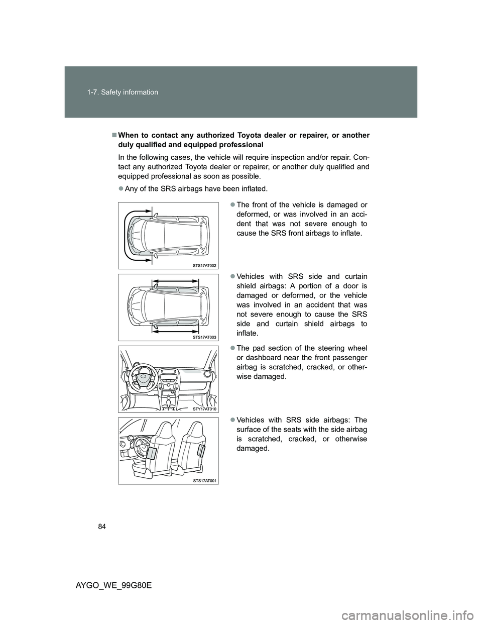 TOYOTA AYGO 2014 (in English) Manual Online 84 1-7. Safety information
AYGO_WE_99G80E
When to contact any authorized Toyota dealer or repairer, or another
duly qualified and equipped professional
In the following cases, the vehicle will requ TOYOTA AYGO 2014 (in English) Manual Online 84 1-7. Safety information
AYGO_WE_99G80E
When to contact any authorized Toyota dealer or repairer, or another
duly qualified and equipped professional
In the following cases, the vehicle will requ