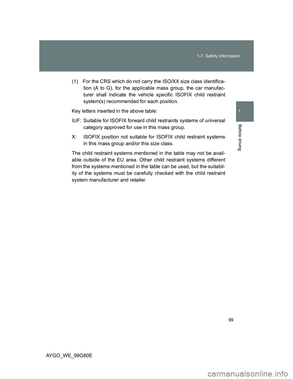TOYOTA AYGO 2014  Owners Manual (in English) 99 1-7. Safety information
1
Before driving
AYGO_WE_99G80E(1) For the CRS which do not carry the ISO/XX size class identifica-
tion (A to G), for the applicable mass group, the car manufac-
turer shal