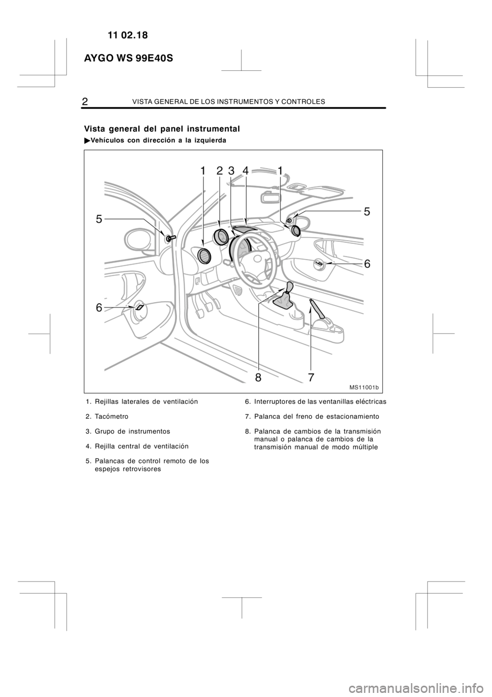 TOYOTA AYGO 2012  Manuale de Empleo (in Spanish) 2VISTA GENERAL DE LOS INSTRUMENTOS Y CONTROLES
MS11001b
1. Rejillas laterales de ventilación
2. Tacómetro
3. Grupo de instrumentos
4. Rejilla central de ventilación
5. Palancas de control remoto de