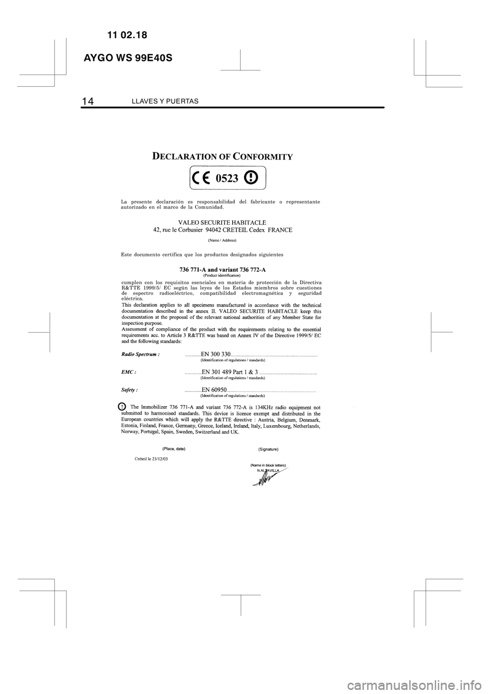 TOYOTA AYGO 2012  Manuale de Empleo (in Spanish) 14LLAVES Y PUERTAS
B0CE0523I
cumplen con los requisitos esenciales en materia de protección de la Directiva
R&TTE 1999/5/ EC según las leyes de los Estados miembros sobre cuestiones
de espectro radi