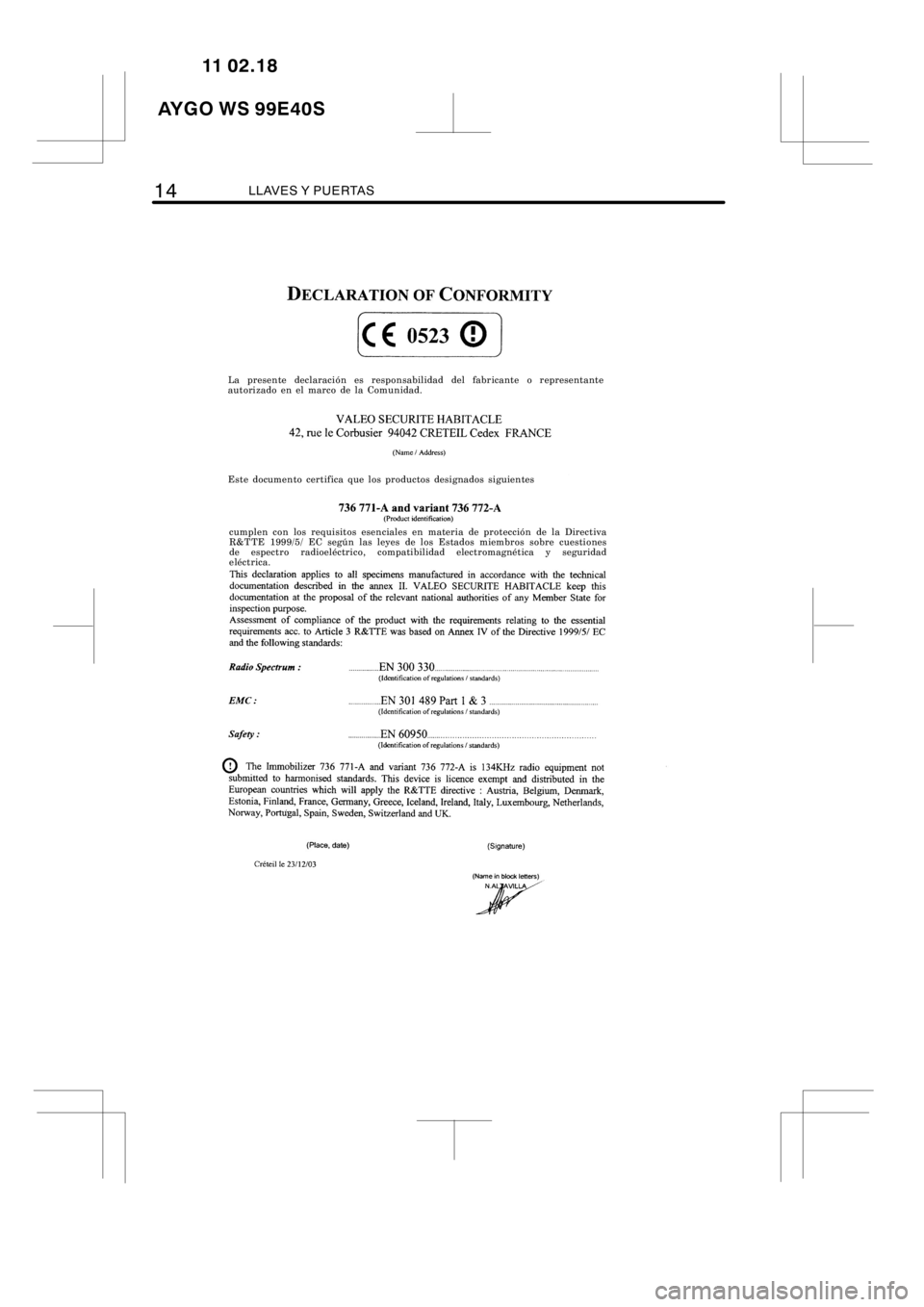 TOYOTA AYGO 2012 Manuale de Empleo (in Spanish) 14LLAVES Y PUERTAS
B0CE0523I
cumplen con los requisitos esenciales en materia de protección de la Directiva
R&TTE 1999/5/ EC según las leyes de los Estados miembros sobre cuestiones
de espectro radi TOYOTA AYGO 2012 Manuale de Empleo (in Spanish) 14LLAVES Y PUERTAS
B0CE0523I
cumplen con los requisitos esenciales en materia de protección de la Directiva
R&TTE 1999/5/ EC según las leyes de los Estados miembros sobre cuestiones
de espectro radi