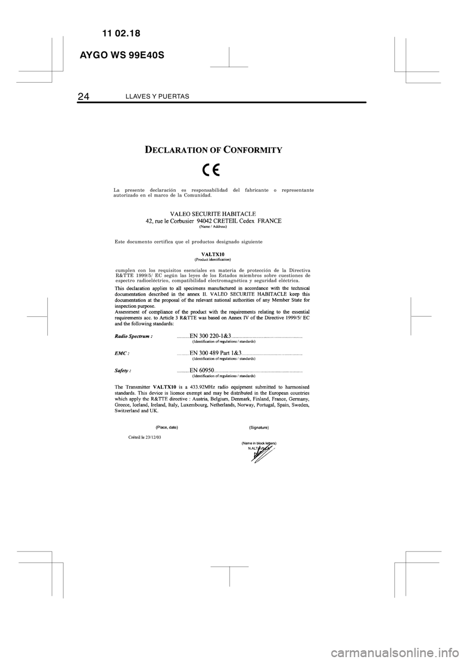 TOYOTA AYGO 2012 Manuale de Empleo (in Spanish) 24LLAVES Y PUERTAS
B0CEW
La presente declaración es responsabilidad del fabricante o representante
autorizado en el marco de la Comunidad.
Este documento certifica que el productos designado siguient TOYOTA AYGO 2012 Manuale de Empleo (in Spanish) 24LLAVES Y PUERTAS
B0CEW
La presente declaración es responsabilidad del fabricante o representante
autorizado en el marco de la Comunidad.
Este documento certifica que el productos designado siguient