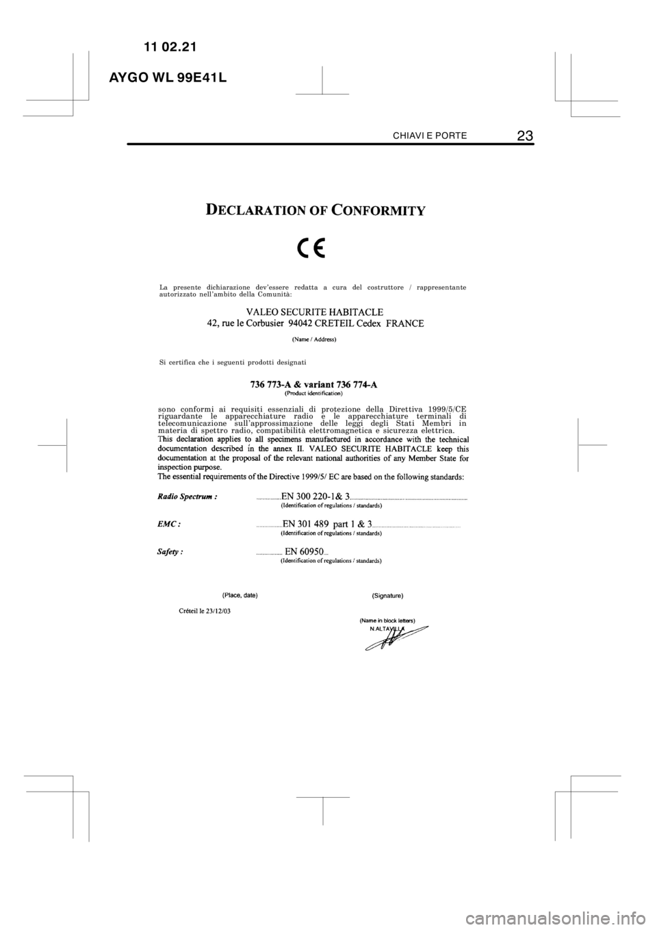 TOYOTA AYGO 2012  Manuale duso (in Italian) CHIAVI E PORTE23
B0CEWR
sono conformi ai requisiti essenziali di protezione della Direttiva 1999/5/CE
riguardante le apparecchiature radio e le apparecchiature terminali di
telecomunicazione sull’ap