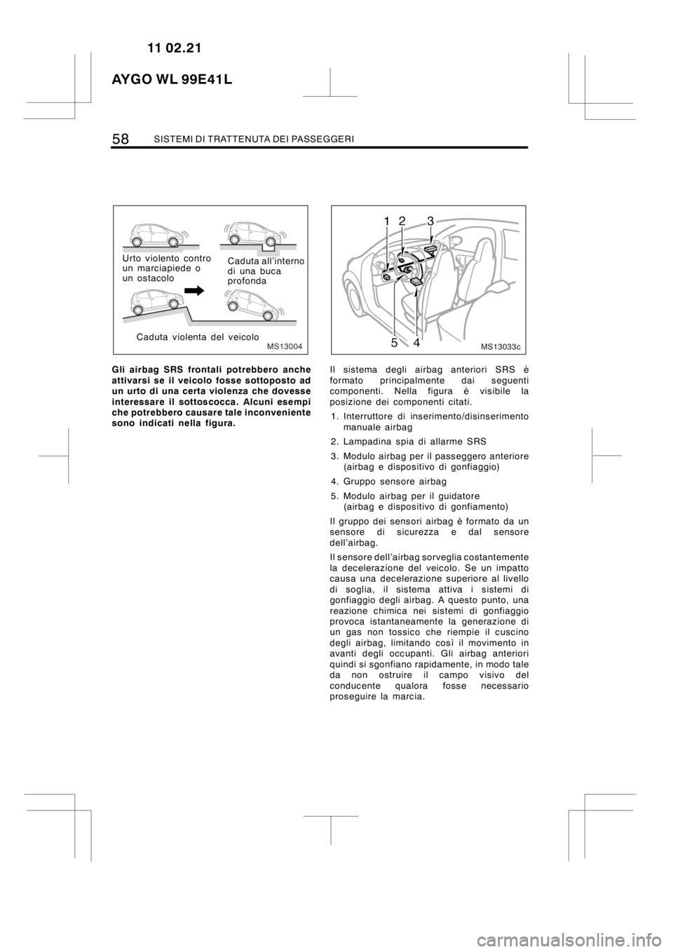 TOYOTA AYGO 2012  Manuale duso (in Italian) 58SISTEMI DI TRATTENUTA DEI PASSEGGERI
MS13004
Urto violento contro
un marciapiede o
un ostacoloCaduta all’interno
di una buca
profonda
Caduta violenta del veicolo
Gli airbag SRS frontali potrebbero