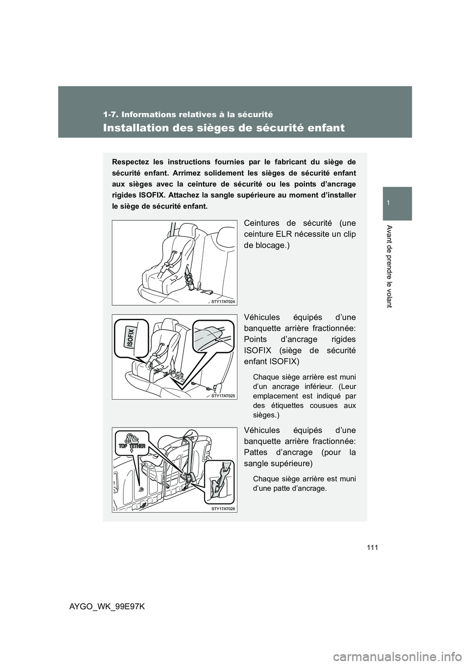 TOYOTA AYGO 2012  Notices Demploi (in French) 111
1
1-7. Informations relatives à la sécurité
Avant de prendre le volant
AYGO_WK_99E97K
Installation des sièges de sécurité enfant
Respectez les instructions fournies par le fabricant du sièg