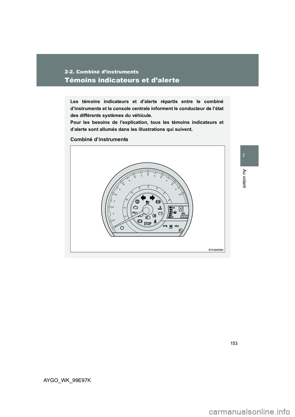 TOYOTA AYGO 2012 Notices Demploi (in French) 153
2-2. Combiné d’instruments
2
Au volant
AYGO_WK_99E97K
Témoins indicateurs et d’alerte
Les témoins indicateurs et d’alerte répartis entre le combiné
d’instruments et la console centra TOYOTA AYGO 2012 Notices Demploi (in French) 153
2-2. Combiné d’instruments
2
Au volant
AYGO_WK_99E97K
Témoins indicateurs et d’alerte
Les témoins indicateurs et d’alerte répartis entre le combiné
d’instruments et la console centra