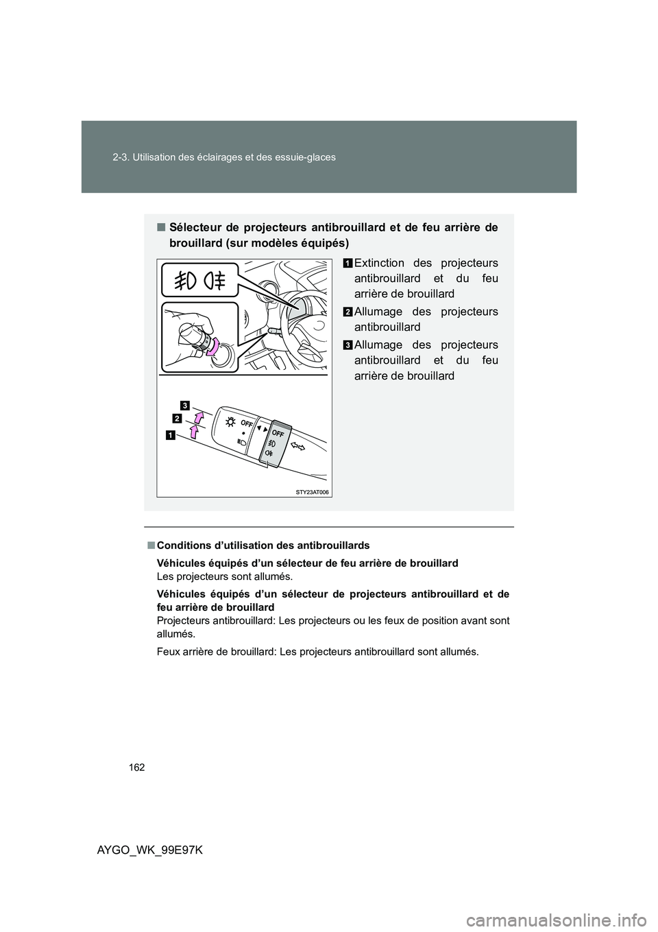 TOYOTA AYGO 2012 Notices Demploi (in French) 162
2-3. Utilisation des éclairages et des essuie-glaces
AYGO_WK_99E97K
■ Conditions d’utilisation des antibrouillards
Véhicules équipés d’un sélecteur de feu arrière de brouillard
Les TOYOTA AYGO 2012 Notices Demploi (in French) 162
2-3. Utilisation des éclairages et des essuie-glaces
AYGO_WK_99E97K
■ Conditions d’utilisation des antibrouillards
Véhicules équipés d’un sélecteur de feu arrière de brouillard
Les
