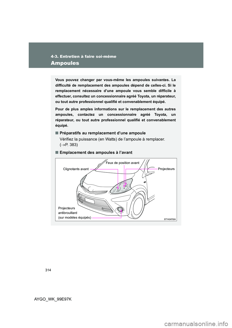 TOYOTA AYGO 2012  Notices Demploi (in French) 314
4-3. Entretien à faire soi-même
AYGO_WK_99E97K
Ampoules
Vous pouvez changer par vous-même les ampoules suivantes. La 
difficulté de remplacement des ampoules dépend de celles-ci. Si le
rempla