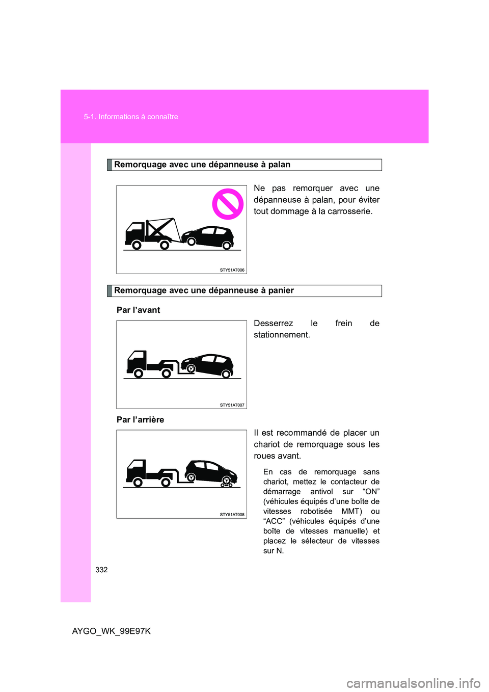 TOYOTA AYGO 2012 Notices Demploi (in French) 332
5-1. Informations à connaître
AYGO_WK_99E97K
Remorquage avec une dépanneuse à palan
Ne pas remorquer avec une
dépanneuse à palan, pour éviter
tout dommage à la carrosserie.
Remorquage a TOYOTA AYGO 2012 Notices Demploi (in French) 332
5-1. Informations à connaître
AYGO_WK_99E97K
Remorquage avec une dépanneuse à palan
Ne pas remorquer avec une
dépanneuse à palan, pour éviter
tout dommage à la carrosserie.
Remorquage a