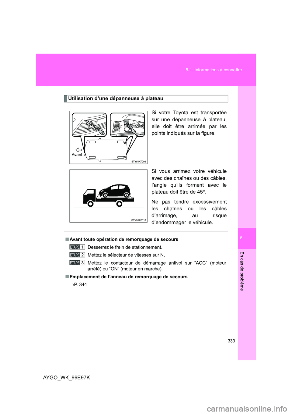 TOYOTA AYGO 2012 Notices Demploi (in French) 5
333
5-1. Informations à connaître
En cas de problème
AYGO_WK_99E97K
Utilisation d’une dépanneuse à plateau
Si votre Toyota est transportée
sur une dépanneuse à plateau,
elle doit être TOYOTA AYGO 2012 Notices Demploi (in French) 5
333
5-1. Informations à connaître
En cas de problème
AYGO_WK_99E97K
Utilisation d’une dépanneuse à plateau
Si votre Toyota est transportée
sur une dépanneuse à plateau,
elle doit être
