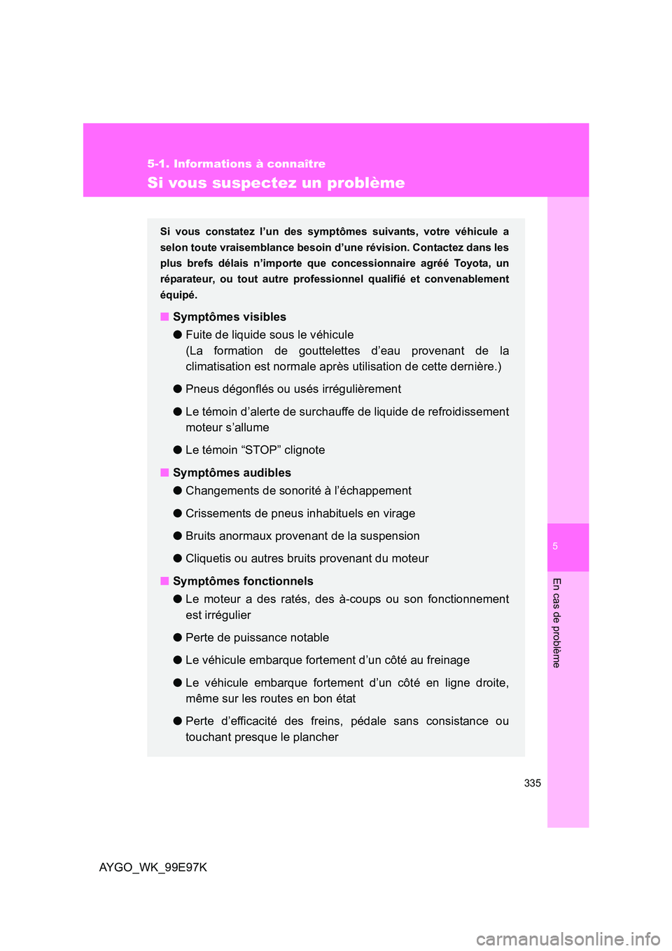 TOYOTA AYGO 2012 Notices Demploi (in French) 5
335
5-1. Informations à connaître
En cas de problème
AYGO_WK_99E97K
Si vous suspectez un problème
Si vous constatez l’un des symptômes suivants, votre véhicule a
selon toute vraisemblance b TOYOTA AYGO 2012 Notices Demploi (in French) 5
335
5-1. Informations à connaître
En cas de problème
AYGO_WK_99E97K
Si vous suspectez un problème
Si vous constatez l’un des symptômes suivants, votre véhicule a
selon toute vraisemblance b
