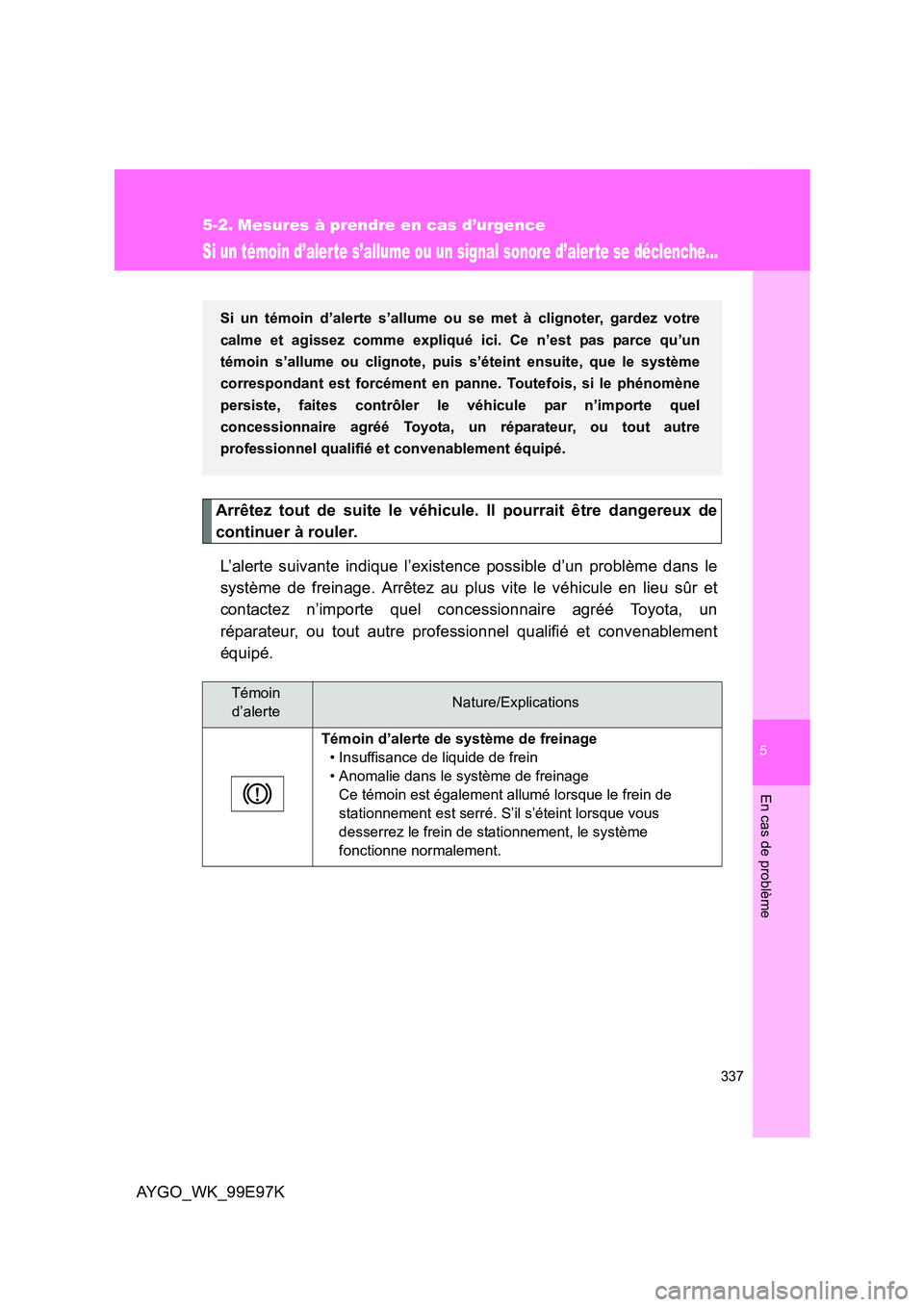 TOYOTA AYGO 2012 Notices Demploi (in French) 5
337
En cas de problème
AYGO_WK_99E97K
5-2. Mesures à prendre en cas d’urgence
Si un témoin d’alerte s’allume ou un signal sonore d’alerte se déclenche...
Arrêtez tout de suite le véhic TOYOTA AYGO 2012 Notices Demploi (in French) 5
337
En cas de problème
AYGO_WK_99E97K
5-2. Mesures à prendre en cas d’urgence
Si un témoin d’alerte s’allume ou un signal sonore d’alerte se déclenche...
Arrêtez tout de suite le véhic