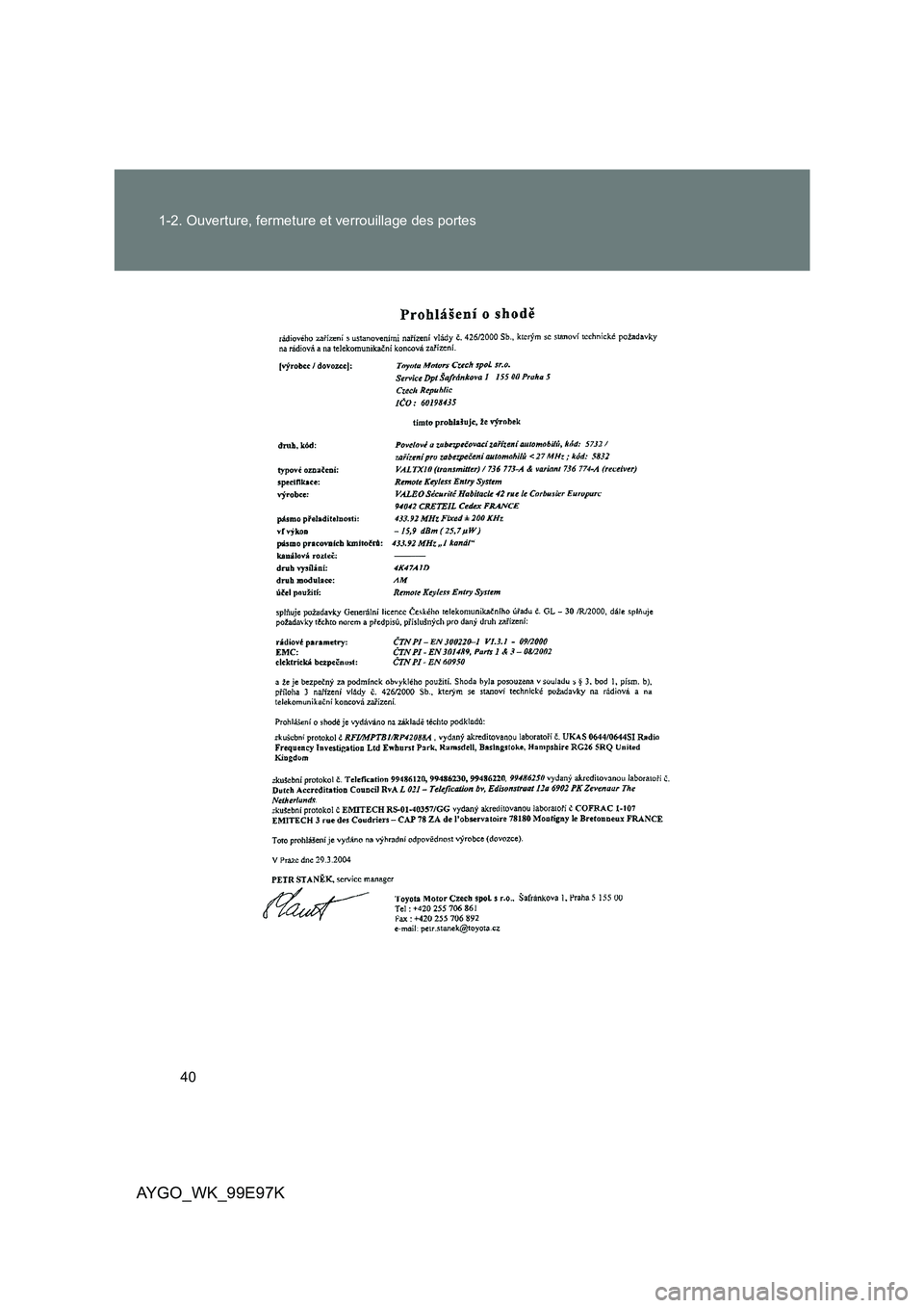 TOYOTA AYGO 2012  Notices Demploi (in French) 40 
1-2. Ouverture, fermeture et verrouillage des portes
AYGO_WK_99E97K 