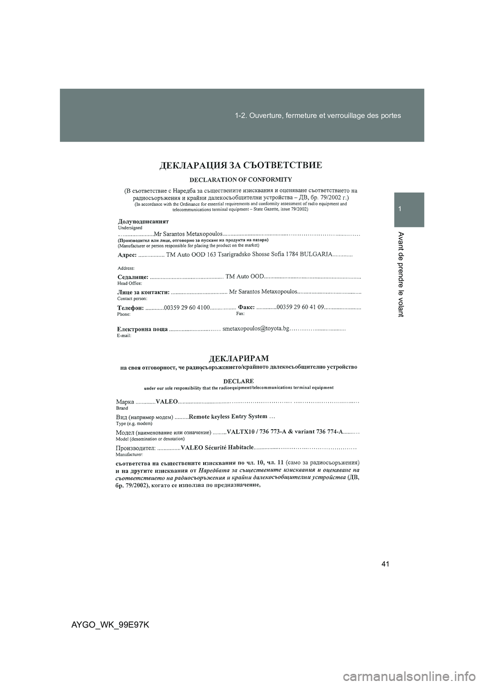 TOYOTA AYGO 2012  Notices Demploi (in French) 41 
1-2. Ouverture, fermeture et verrouillage des portes
1
Avant de prendre le volant
AYGO_WK_99E97K 