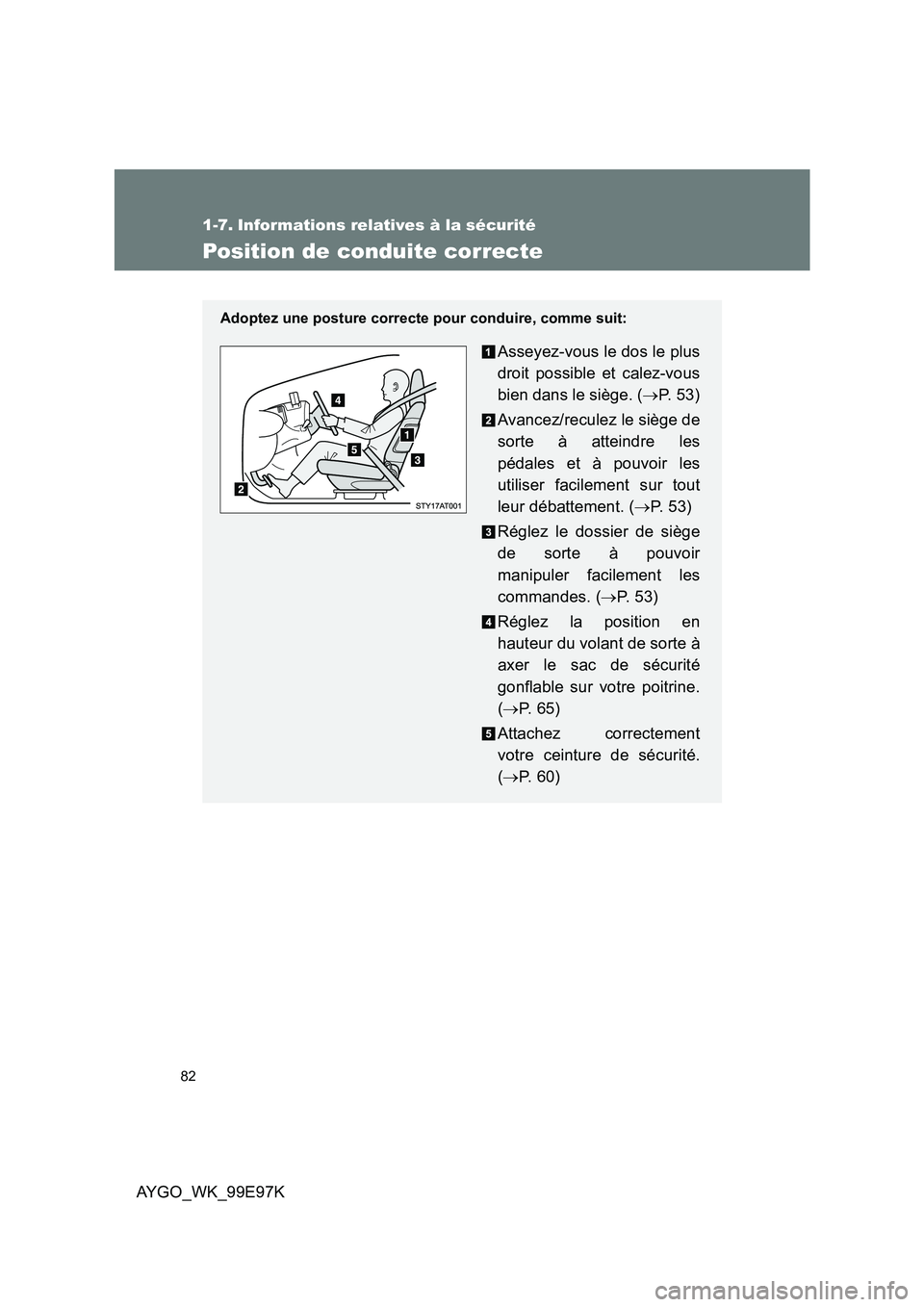 TOYOTA AYGO 2012 Notices Demploi (in French) 82
AYGO_WK_99E97K
1-7. Informations relatives à la sécurité
Position de conduite correcte
Adoptez une posture correcte pour conduire, comme suit:
Asseyez-vous le dos le plus
droit possible et cale TOYOTA AYGO 2012 Notices Demploi (in French) 82
AYGO_WK_99E97K
1-7. Informations relatives à la sécurité
Position de conduite correcte
Adoptez une posture correcte pour conduire, comme suit:
Asseyez-vous le dos le plus
droit possible et cale