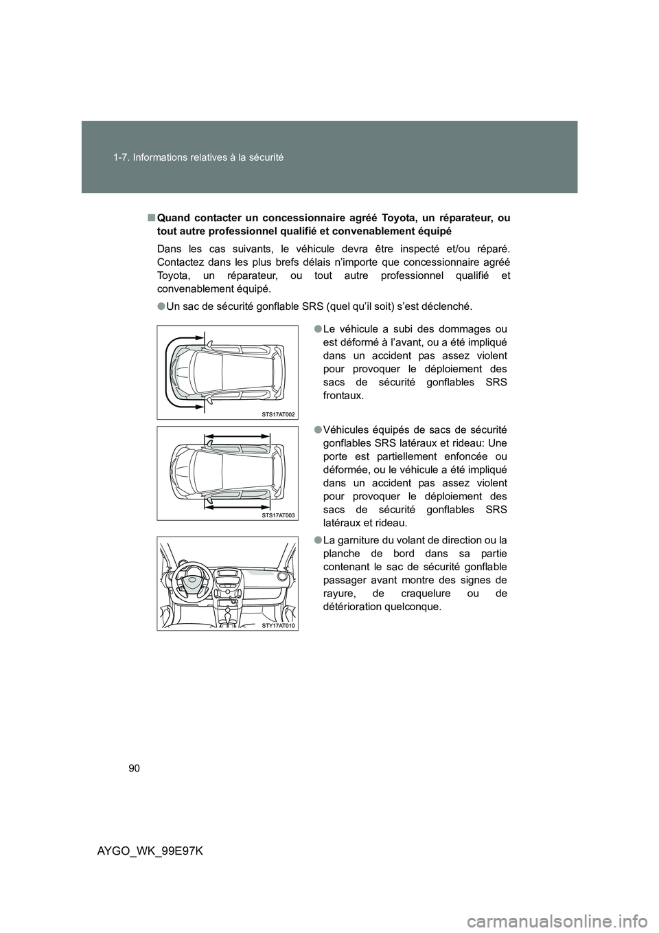 TOYOTA AYGO 2012 Notices Demploi (in French) 90
1-7. Informations relatives à la sécurité
AYGO_WK_99E97K
■ Quand contacter un concessionnaire agréé Toyota, un réparateur, ou
tout autre professionnel qualifié et convenablement équipé TOYOTA AYGO 2012 Notices Demploi (in French) 90
1-7. Informations relatives à la sécurité
AYGO_WK_99E97K
■ Quand contacter un concessionnaire agréé Toyota, un réparateur, ou
tout autre professionnel qualifié et convenablement équipé