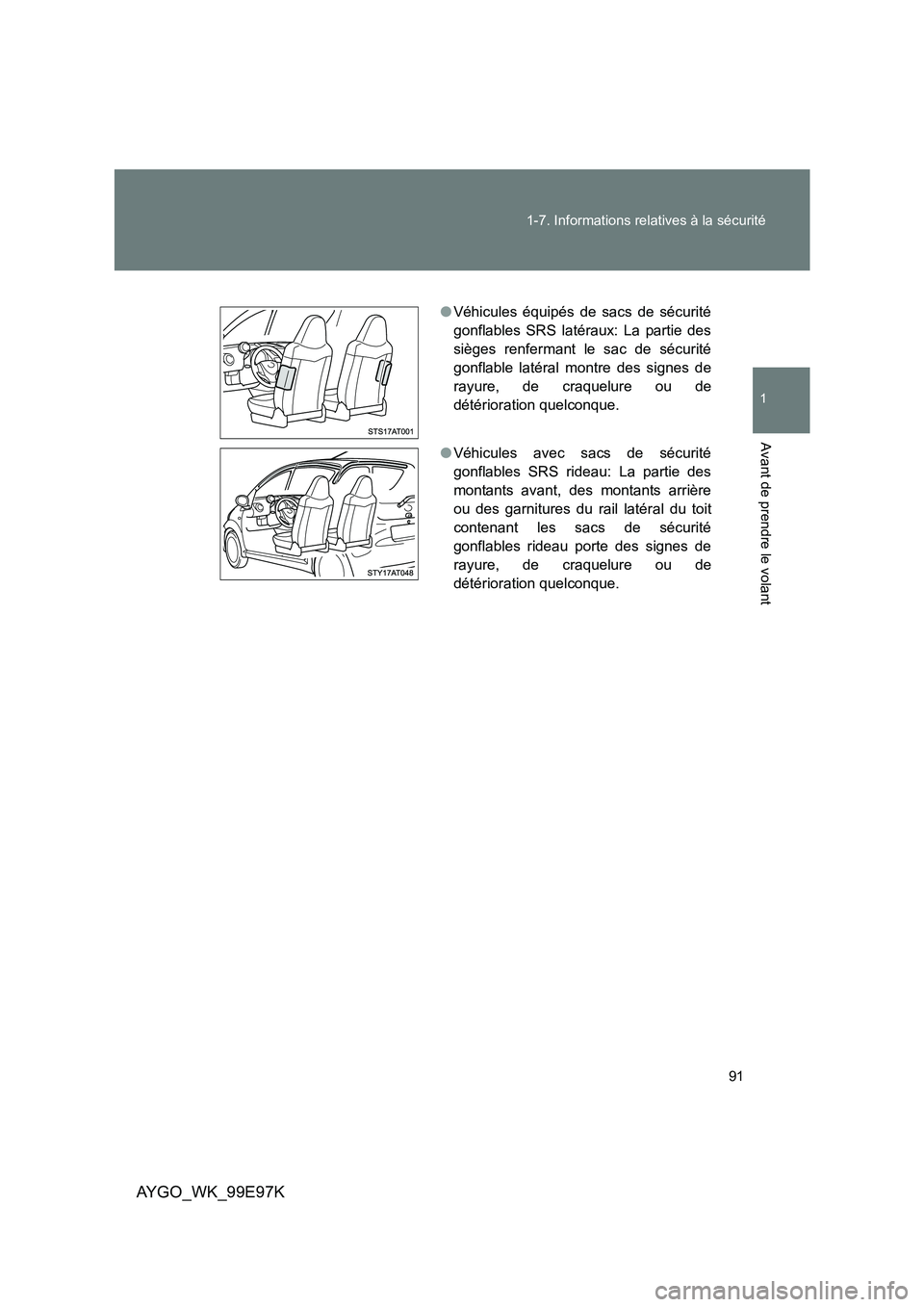TOYOTA AYGO 2012 Notices Demploi (in French) 91
1-7. Informations relatives à la sécurité
1
Avant de prendre le volant
AYGO_WK_99E97K
● Véhicules équipés de sacs de sécurité
gonflables SRS latéraux: La partie des
sièges renfermant TOYOTA AYGO 2012 Notices Demploi (in French) 91
1-7. Informations relatives à la sécurité
1
Avant de prendre le volant
AYGO_WK_99E97K
● Véhicules équipés de sacs de sécurité
gonflables SRS latéraux: La partie des
sièges renfermant