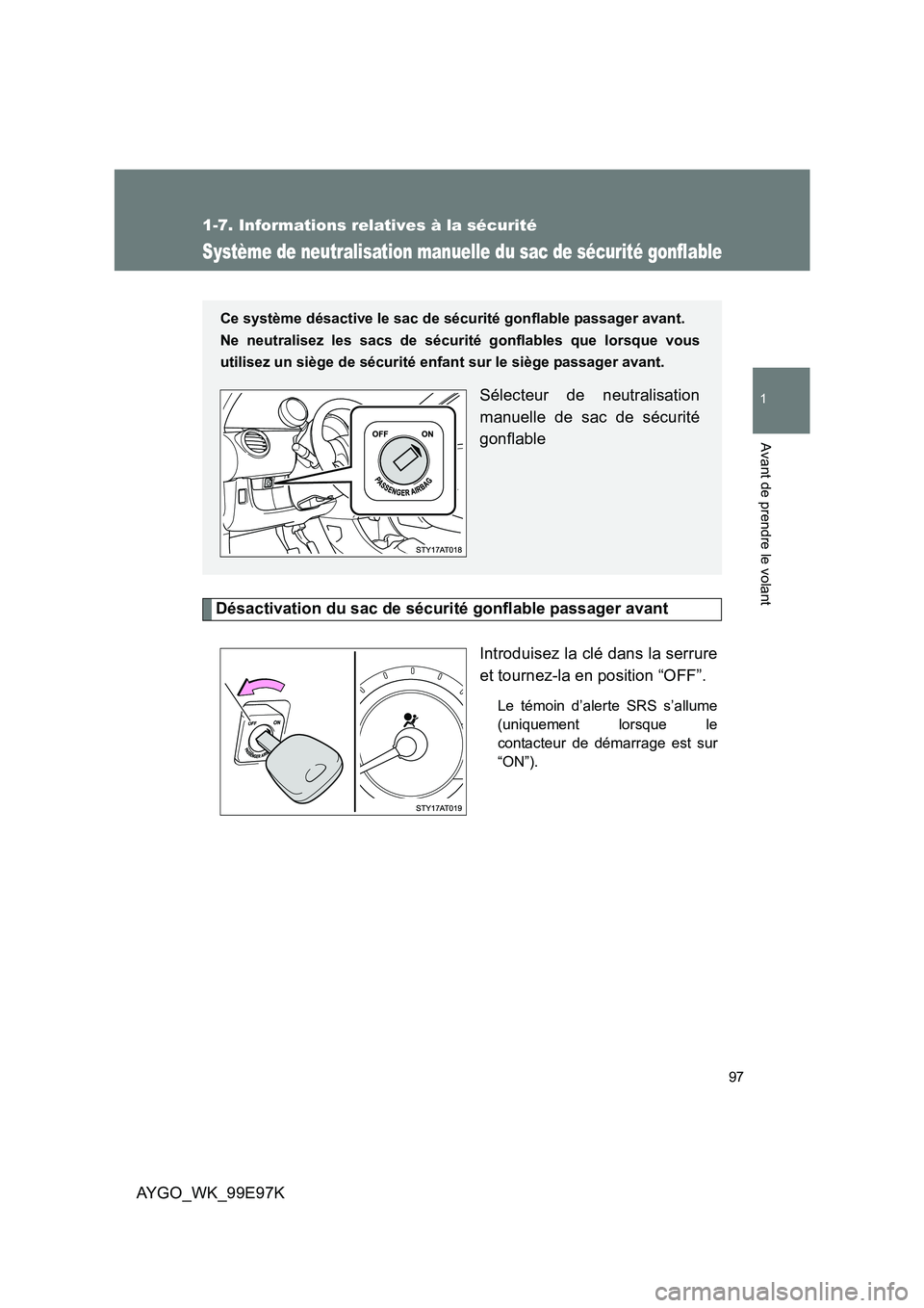 TOYOTA AYGO 2012 Notices Demploi (in French) 97
1
1-7. Informations relatives à la sécurité
Avant de prendre le volant
AYGO_WK_99E97K
Système de neutralisation manuelle du sac de sécurité gonflable
Désactivation du sac de sécurité gonfl TOYOTA AYGO 2012 Notices Demploi (in French) 97
1
1-7. Informations relatives à la sécurité
Avant de prendre le volant
AYGO_WK_99E97K
Système de neutralisation manuelle du sac de sécurité gonflable
Désactivation du sac de sécurité gonfl