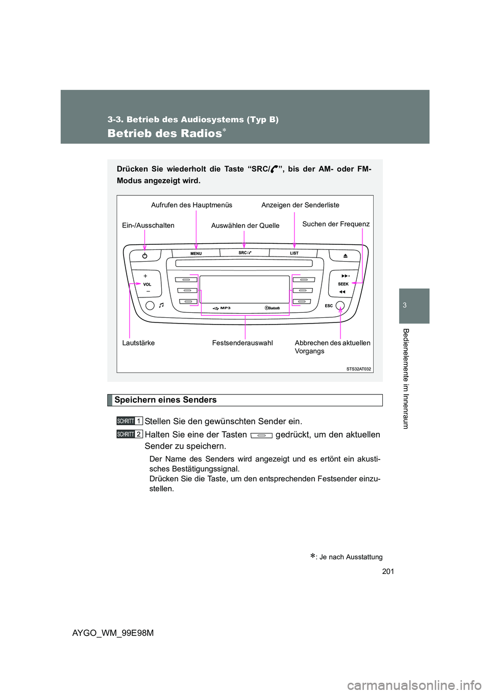 TOYOTA AYGO 2012 Betriebsanleitungen (in German) 201
3-3. Betrieb des Audiosystems (Typ B)
3
AYGO_WM_99E98M
Bedienelemente im Innenraum
Betrieb des Radios∗
Speichern eines Senders
Stellen Sie den gewünschten Sender ein.
Halten Sie eine der Tast TOYOTA AYGO 2012 Betriebsanleitungen (in German) 201
3-3. Betrieb des Audiosystems (Typ B)
3
AYGO_WM_99E98M
Bedienelemente im Innenraum
Betrieb des Radios∗
Speichern eines Senders
Stellen Sie den gewünschten Sender ein.
Halten Sie eine der Tast