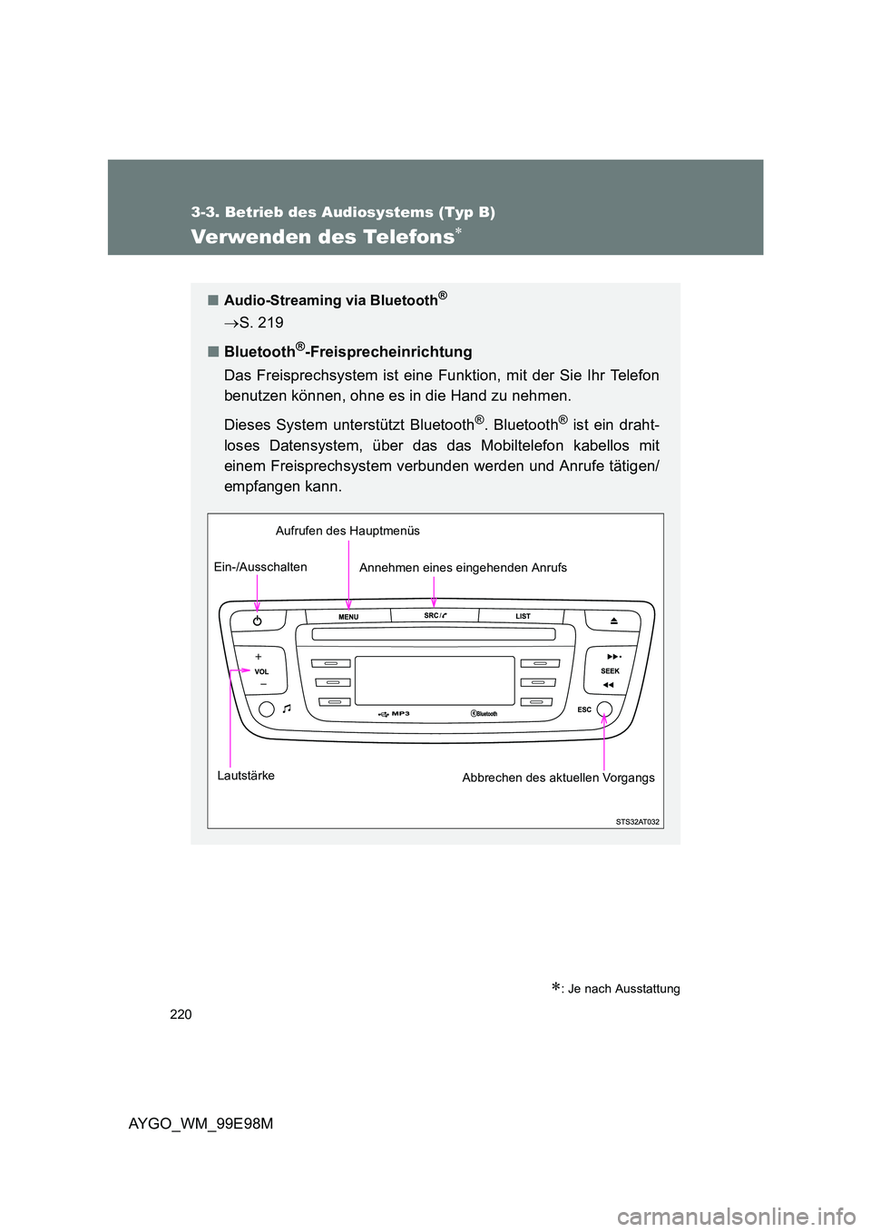 TOYOTA AYGO 2012 Betriebsanleitungen (in German) 220
3-3. Betrieb des Audiosystems (Typ B)
AYGO_WM_99E98M
Verwenden des Telefons∗
∗: Je nach Ausstattung
■Audio-Streaming via Bluetooth®
→S. 219
■ Bluetooth®-Freisprecheinrichtung
Das Fre TOYOTA AYGO 2012 Betriebsanleitungen (in German) 220
3-3. Betrieb des Audiosystems (Typ B)
AYGO_WM_99E98M
Verwenden des Telefons∗
∗: Je nach Ausstattung
■Audio-Streaming via Bluetooth®
→S. 219
■ Bluetooth®-Freisprecheinrichtung
Das Fre