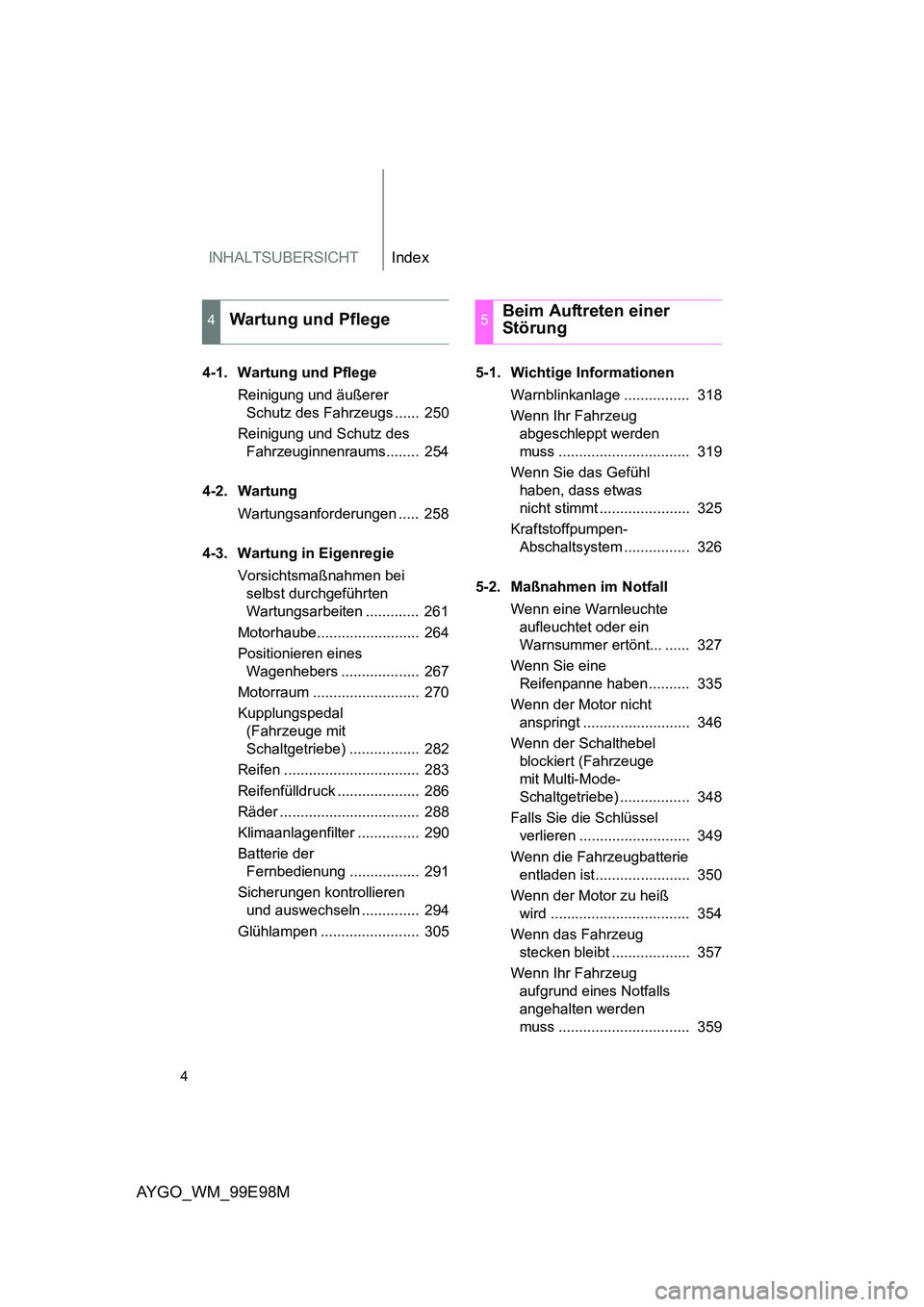 TOYOTA AYGO 2012  Betriebsanleitungen (in German) INHALTSUBERSICHTIndex
4
AYGO_WM_99E98M
4-1. Wartung und Pflege 
Reinigung und äußerer  
Schutz des Fahrzeugs ......  250 
Reinigung und Schutz des  
Fahrzeuginnenraums........  254 
4-2. Wartung 
Wa