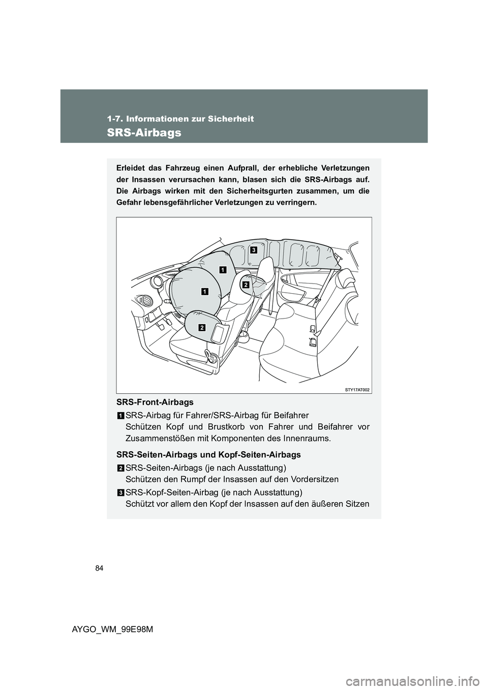 TOYOTA AYGO 2012 Betriebsanleitungen (in German) 84
1-7. Informationen zur Sicherheit
AYGO_WM_99E98M
SRS-Airbags
Erleidet das Fahrzeug einen Aufprall, der erhebliche Verletzungen
der Insassen verursachen kann, blasen sich die SRS-Airbags auf.
Die TOYOTA AYGO 2012 Betriebsanleitungen (in German) 84
1-7. Informationen zur Sicherheit
AYGO_WM_99E98M
SRS-Airbags
Erleidet das Fahrzeug einen Aufprall, der erhebliche Verletzungen
der Insassen verursachen kann, blasen sich die SRS-Airbags auf.
Die