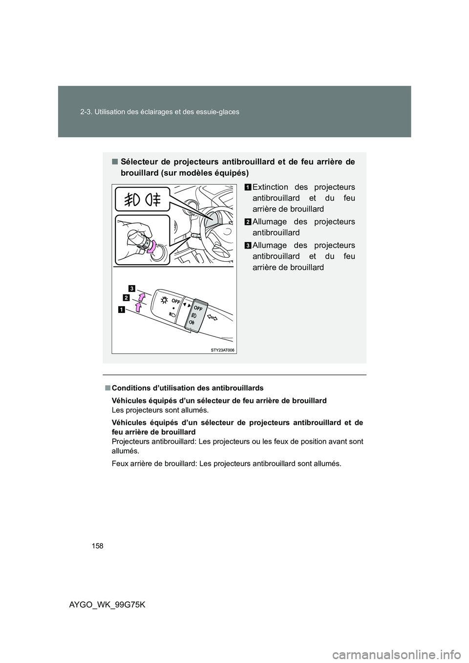 TOYOTA AYGO 2013 Notices Demploi (in French) 158
2-3. Utilisation des éclairages et des essuie-glaces
AYGO_WK_99G75K
■ Conditions d’utilisation des antibrouillards
Véhicules équipés d’un sélecteur de feu arrière de brouillard
Les TOYOTA AYGO 2013 Notices Demploi (in French) 158
2-3. Utilisation des éclairages et des essuie-glaces
AYGO_WK_99G75K
■ Conditions d’utilisation des antibrouillards
Véhicules équipés d’un sélecteur de feu arrière de brouillard
Les