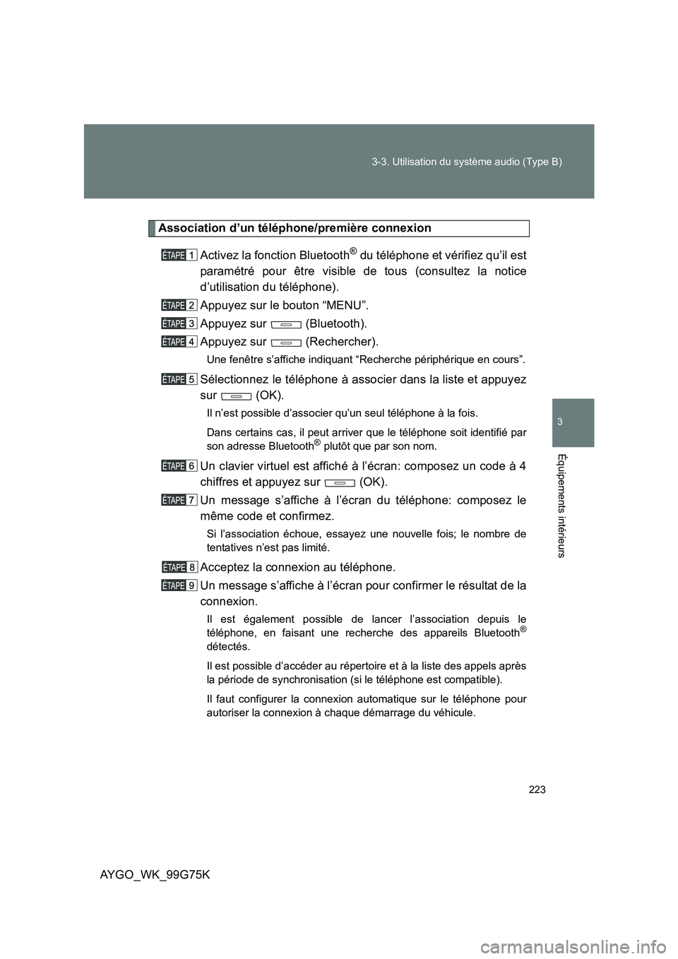 TOYOTA AYGO 2013  Notices Demploi (in French) 223 
3-3. Utilisation du système audio (Type B)
3
AYGO_WK_99G75K
Équipements intérieurs
Association d’un téléphone/première connexion 
Activez la fonction Bluetooth® du téléphone et vérifi
