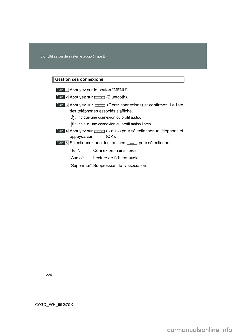 TOYOTA AYGO 2013  Notices Demploi (in French) 224 
3-3. Utilisation du système audio (Type B)
AYGO_WK_99G75K
Gestion des connexions 
Appuyez sur le bouton “MENU”. 
Appuyez sur   (Bluetooth). 
Appuyez sur   (Gérer connexions) et confirmez. L