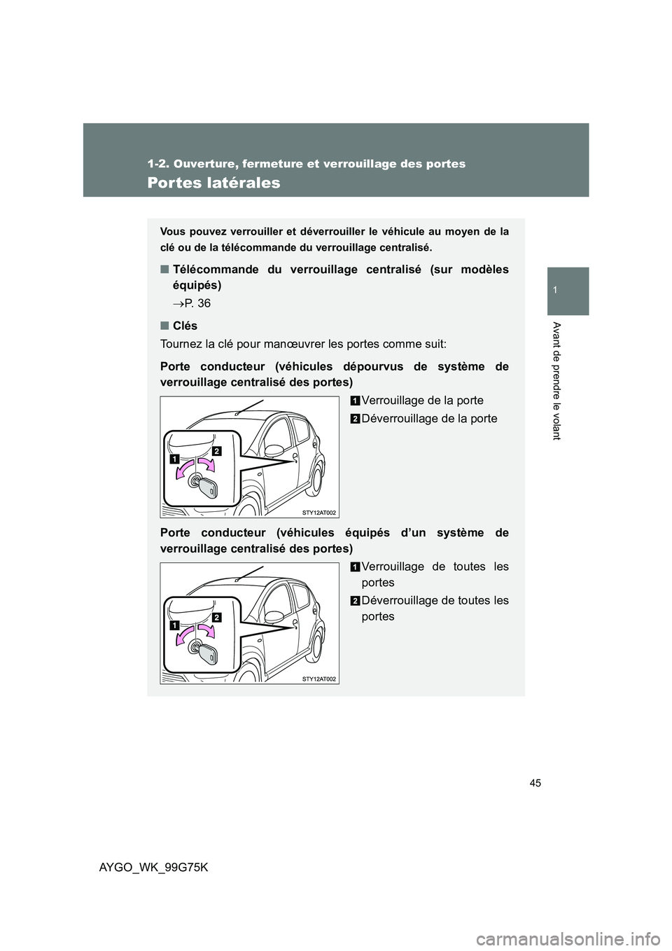 TOYOTA AYGO 2013  Notices Demploi (in French) 45
1
1-2. Ouverture, fermeture et verrouillage des portes
Avant de prendre le volant
AYGO_WK_99G75K
Por tes latérales
Vous pouvez verrouiller et déverrouiller le véhicule au moyen de la 
clé ou de