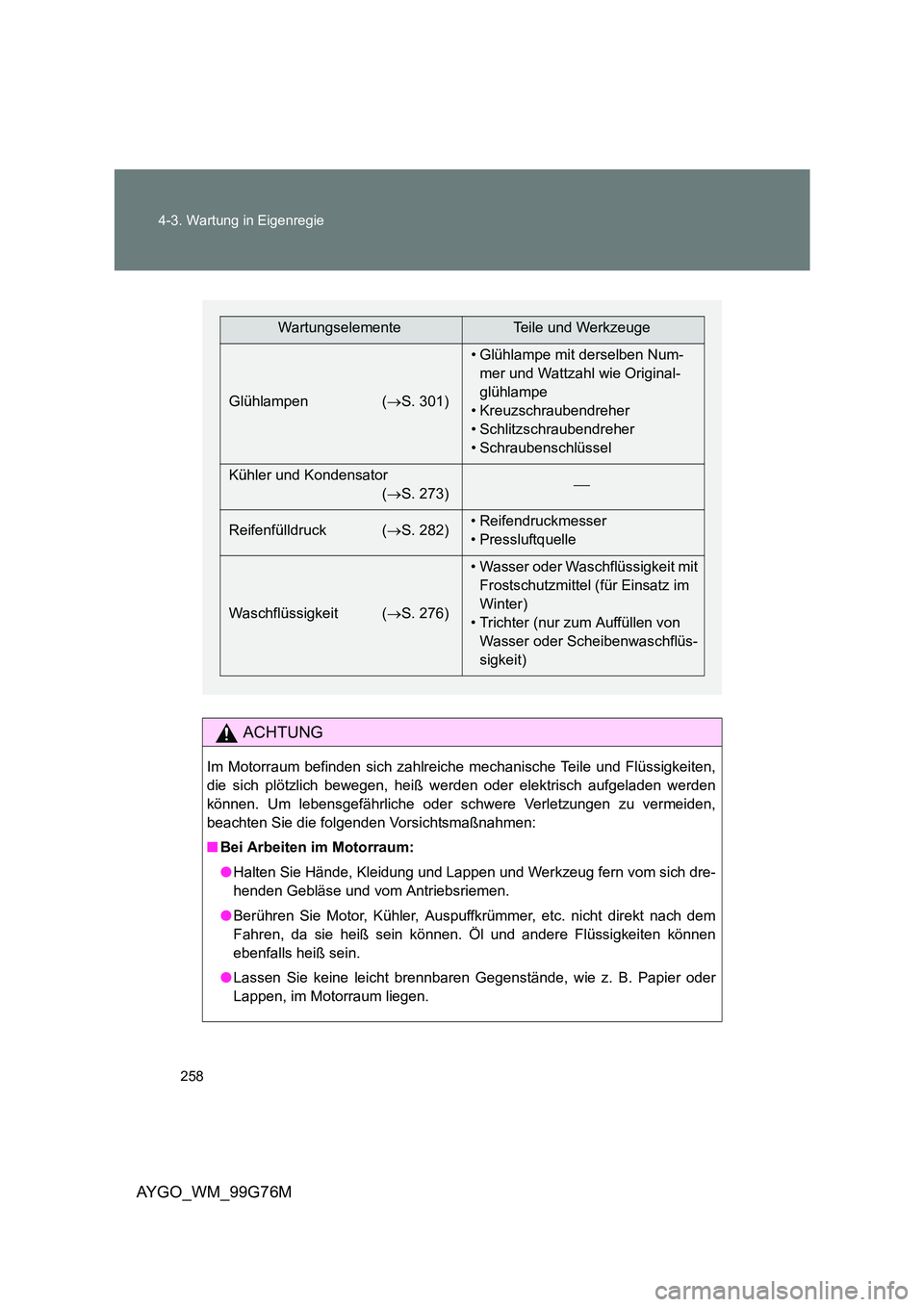TOYOTA AYGO 2013 Betriebsanleitungen (in German) 258
4-3. Wartung in Eigenregie
AYGO_WM_99G76M
ACHTUNG
Im Motorraum befinden sich zahlreiche mechanische Teile und Flüssigkeiten,
die sich plötzlich bewegen, heiß werden oder elektrisch aufgeladen TOYOTA AYGO 2013 Betriebsanleitungen (in German) 258
4-3. Wartung in Eigenregie
AYGO_WM_99G76M
ACHTUNG
Im Motorraum befinden sich zahlreiche mechanische Teile und Flüssigkeiten,
die sich plötzlich bewegen, heiß werden oder elektrisch aufgeladen