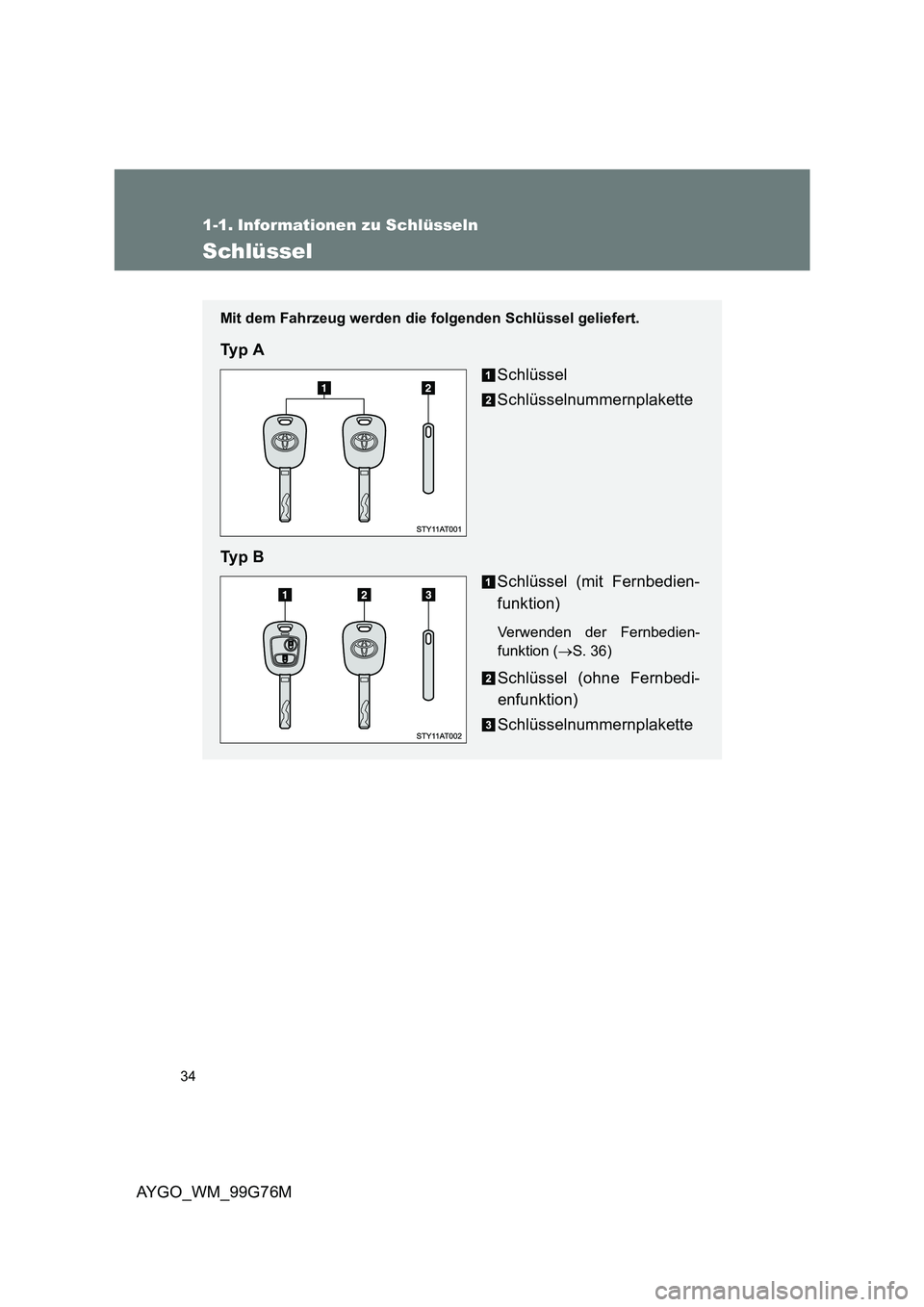 TOYOTA AYGO 2013  Betriebsanleitungen (in German) 34
AYGO_WM_99G76M
1-1. Informationen zu Schlüsseln
Schlüssel
Mit dem Fahrzeug werden die folgenden Schlüssel geliefert.
Ty p  A 
Schlüssel 
Schlüsselnummernplakette 
Ty p  B 
Schlüssel (mit Fern