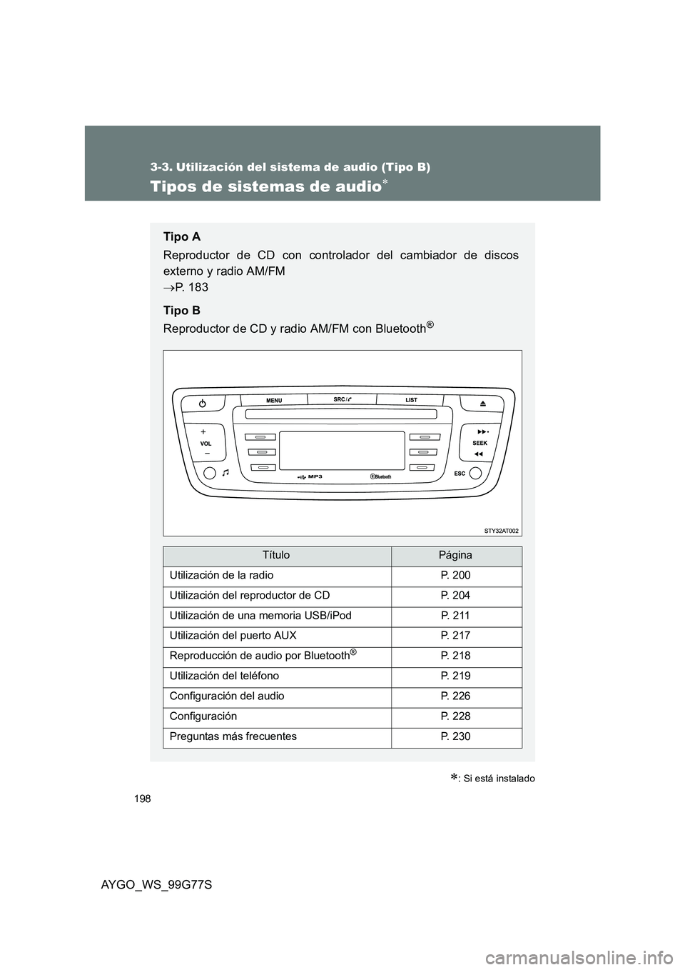 TOYOTA AYGO 2013  Manuale de Empleo (in Spanish) 198
AYGO_WS_99G77S
3-3. Utilización del sistema de audio (Tipo B)
Tipos de sistemas de audio∗
∗: Si está instalado
Tipo A 
Reproductor de CD con controlador del cambiador de discos 
externo y ra