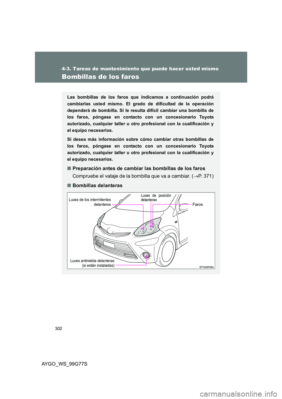 TOYOTA AYGO 2013  Manuale de Empleo (in Spanish) 302
4-3. Tareas de mantenimiento que puede hacer usted mismo
AYGO_WS_99G77S
Bombillas de los faros
Las bombillas de los faros que indicamos a continuación podrá 
cambiarlas usted mismo. El grado  de