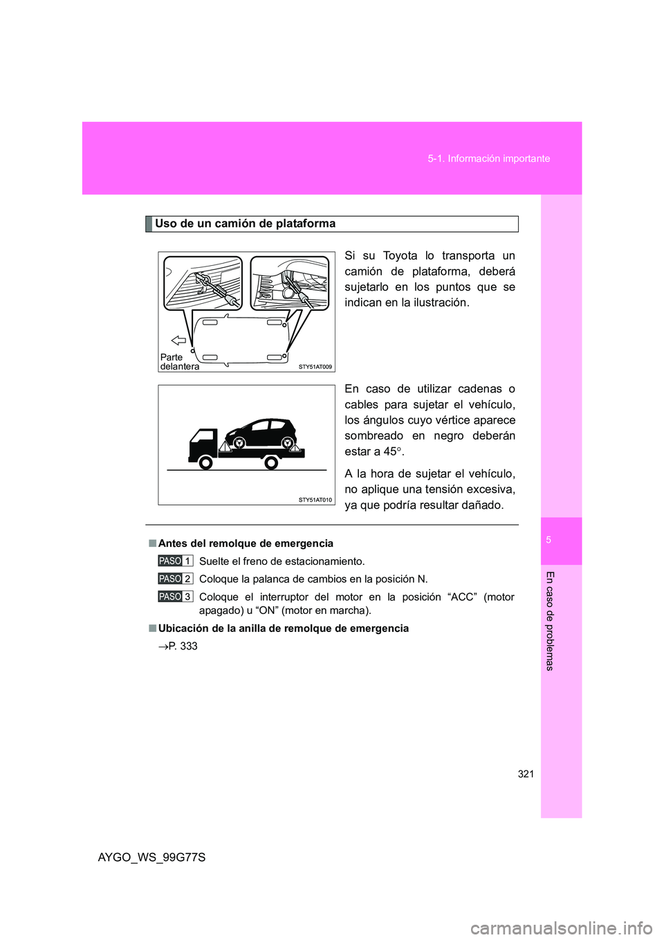 TOYOTA AYGO 2013  Manuale de Empleo (in Spanish) 5
321 
5-1. Información importante
En caso de problemas
AYGO_WS_99G77S
Uso de un camión de plataforma 
Si su Toyota lo transporta un 
camión de plataforma, deberá
sujetarlo en los puntos que se 
i