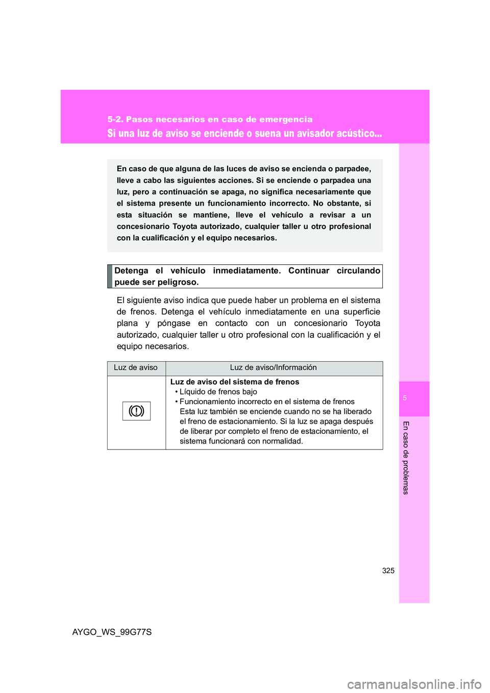 TOYOTA AYGO 2013  Manuale de Empleo (in Spanish) 5
325
En caso de problemas
AYGO_WS_99G77S
5-2. Pasos necesarios en caso de emergencia
Si una luz de aviso se enciende o suena un avisador acústico...
Detenga el vehículo inmediatamente. Continuar ci