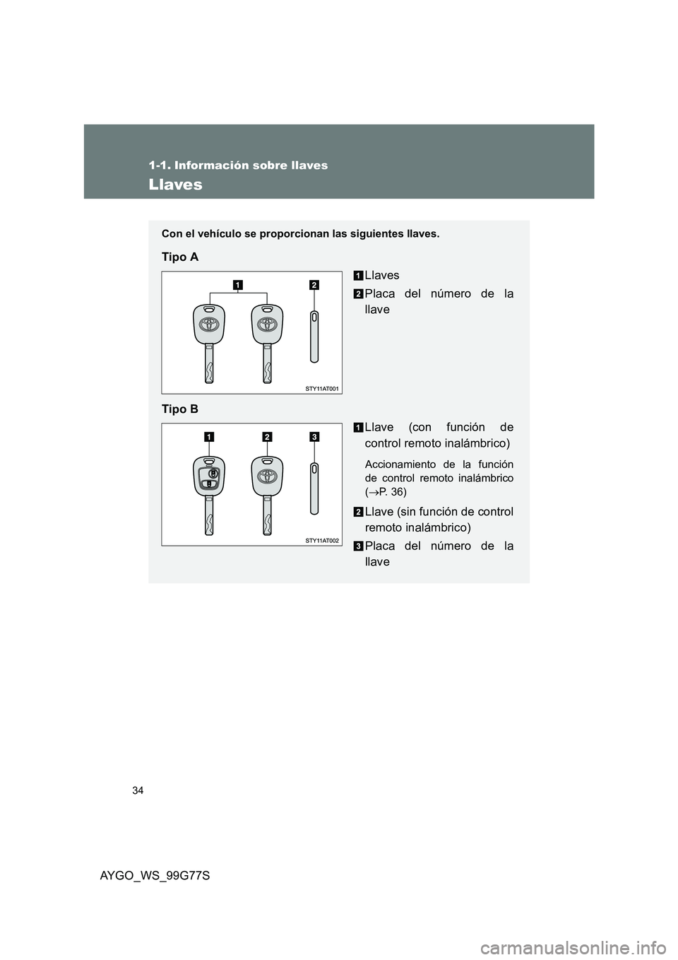 TOYOTA AYGO 2013  Manuale de Empleo (in Spanish) 34
AYGO_WS_99G77S
1-1. Información sobre llaves
Llaves
Con el vehículo se proporcionan las siguientes llaves.
Tipo A 
Llaves 
Placa del número de la 
llave 
Tipo B 
Llave (con función de 
control 