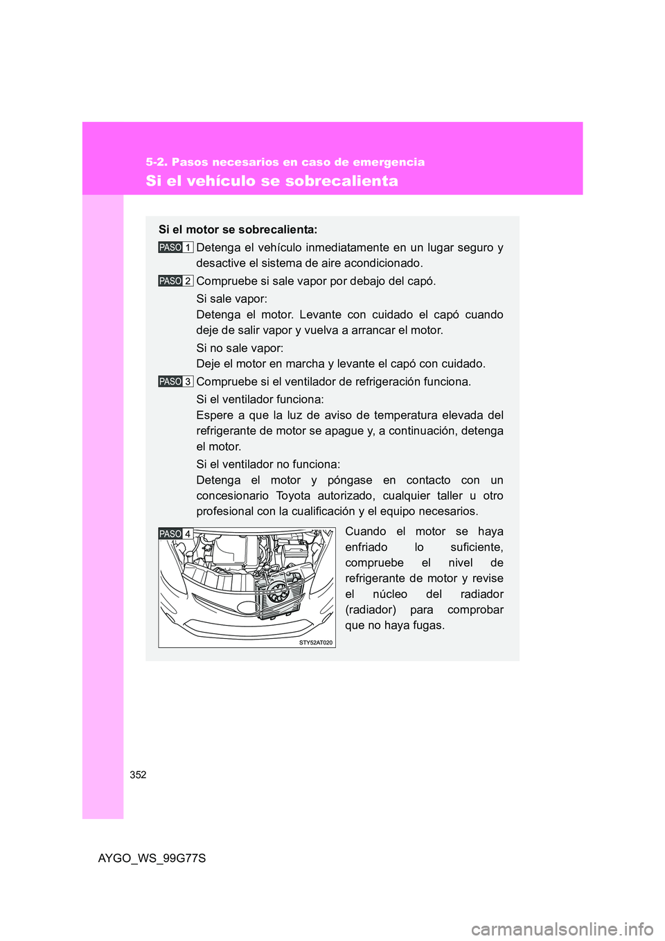 TOYOTA AYGO 2013  Manuale de Empleo (in Spanish) 352
5-2. Pasos necesarios en caso de emergencia
AYGO_WS_99G77S
Si el vehículo se sobrecalienta
Si el motor se sobrecalienta: 
Detenga el vehículo inmediatamente en un lugar seguro y 
desactive el si