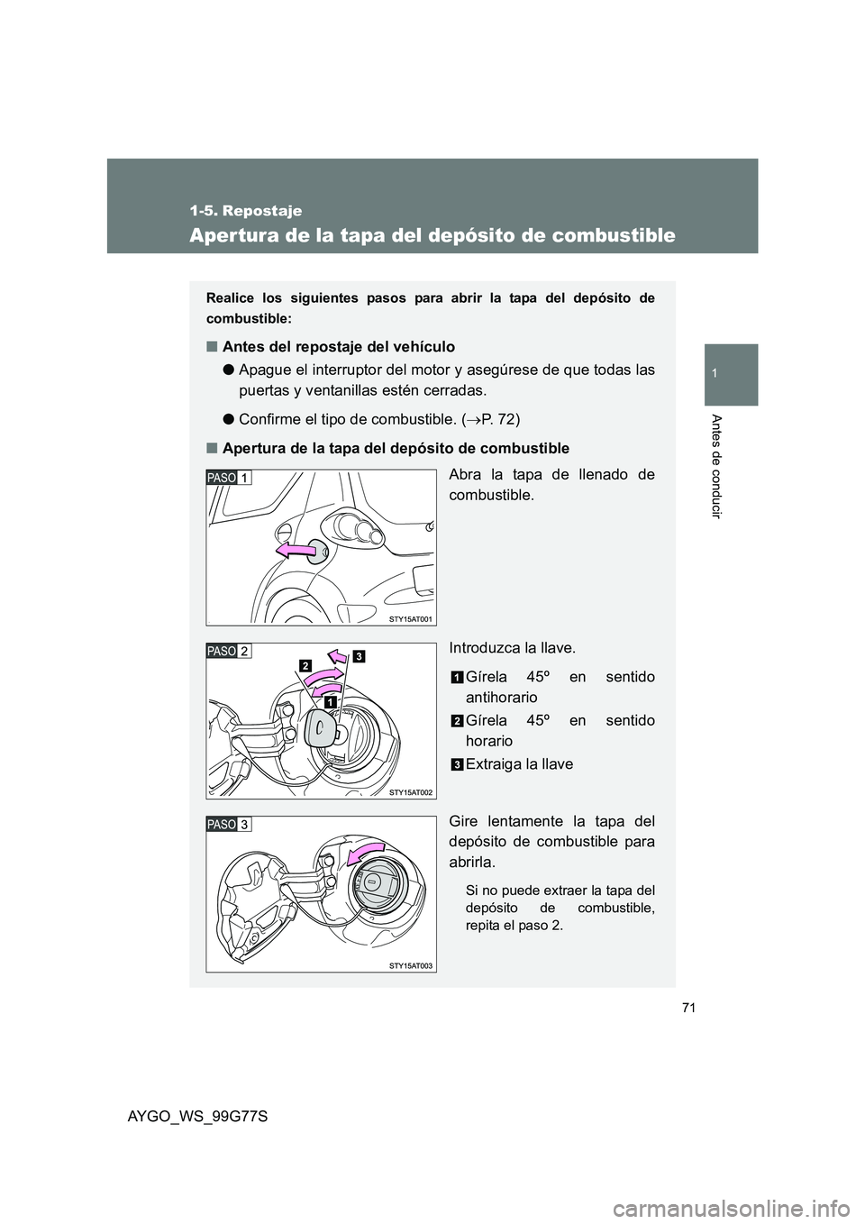 TOYOTA AYGO 2013 Manuale de Empleo (in Spanish) 71
1
Antes de conducir
AYGO_WS_99G77S
1-5. Repostaje
Aper tura de la tapa del depósito de combustible
Realice los siguientes pasos para abrir la tapa del depósito de
combustible:
■ Antes del repo TOYOTA AYGO 2013 Manuale de Empleo (in Spanish) 71
1
Antes de conducir
AYGO_WS_99G77S
1-5. Repostaje
Aper tura de la tapa del depósito de combustible
Realice los siguientes pasos para abrir la tapa del depósito de
combustible:
■ Antes del repo