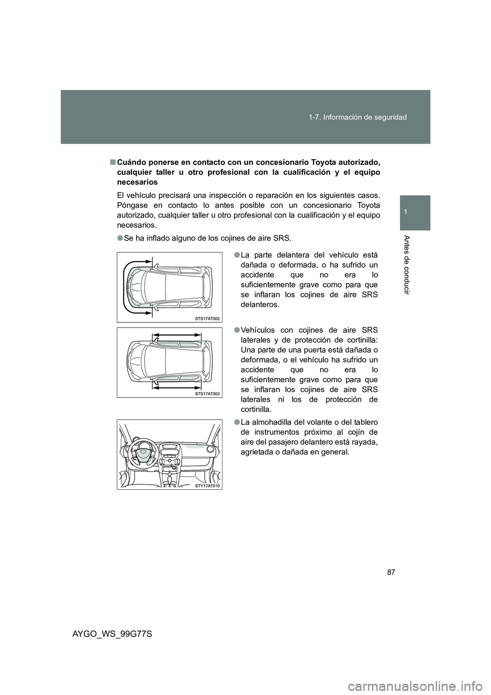 TOYOTA AYGO 2013 Manuale de Empleo (in Spanish) 87
1-7. Información de seguridad
1
Antes de conducir
AYGO_WS_99G77S
■ Cuándo ponerse en contacto con un concesionario Toyota autorizado,
cualquier taller u otro profesional con la cualificación TOYOTA AYGO 2013 Manuale de Empleo (in Spanish) 87
1-7. Información de seguridad
1
Antes de conducir
AYGO_WS_99G77S
■ Cuándo ponerse en contacto con un concesionario Toyota autorizado,
cualquier taller u otro profesional con la cualificación