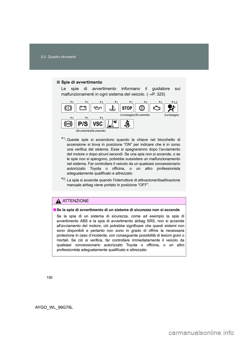 TOYOTA AYGO 2013  Manuale duso (in Italian) 150 
2-2. Quadro strumenti
AYGO_WL_99G78L
ATTENZIONE
■ Se la spia di avvertimento di un sistema di sicurezza non si accende 
Se la spia di un sistema di sicurezza, come ad esempio la spia di 
avvert