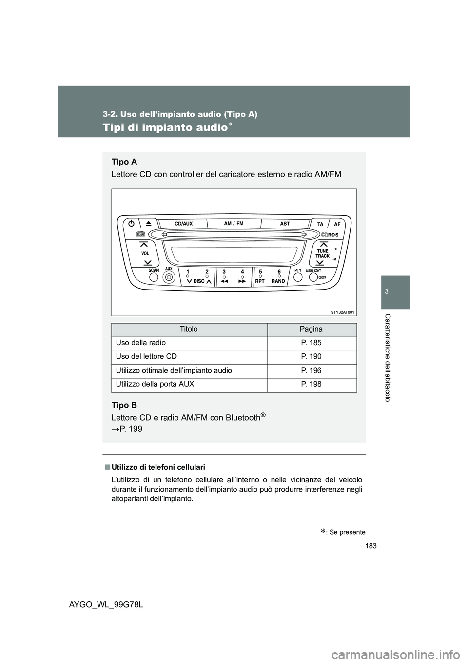 TOYOTA AYGO 2013  Manuale duso (in Italian) 183
3
Caratteristiche dell’abitacolo
AYGO_WL_99G78L
3-2. Uso dell’impianto audio (Tipo A)
Tipi di impianto audio∗
∗: Se presente
■Utilizzo di telefoni cellulari 
L’utilizzo di un telefono 