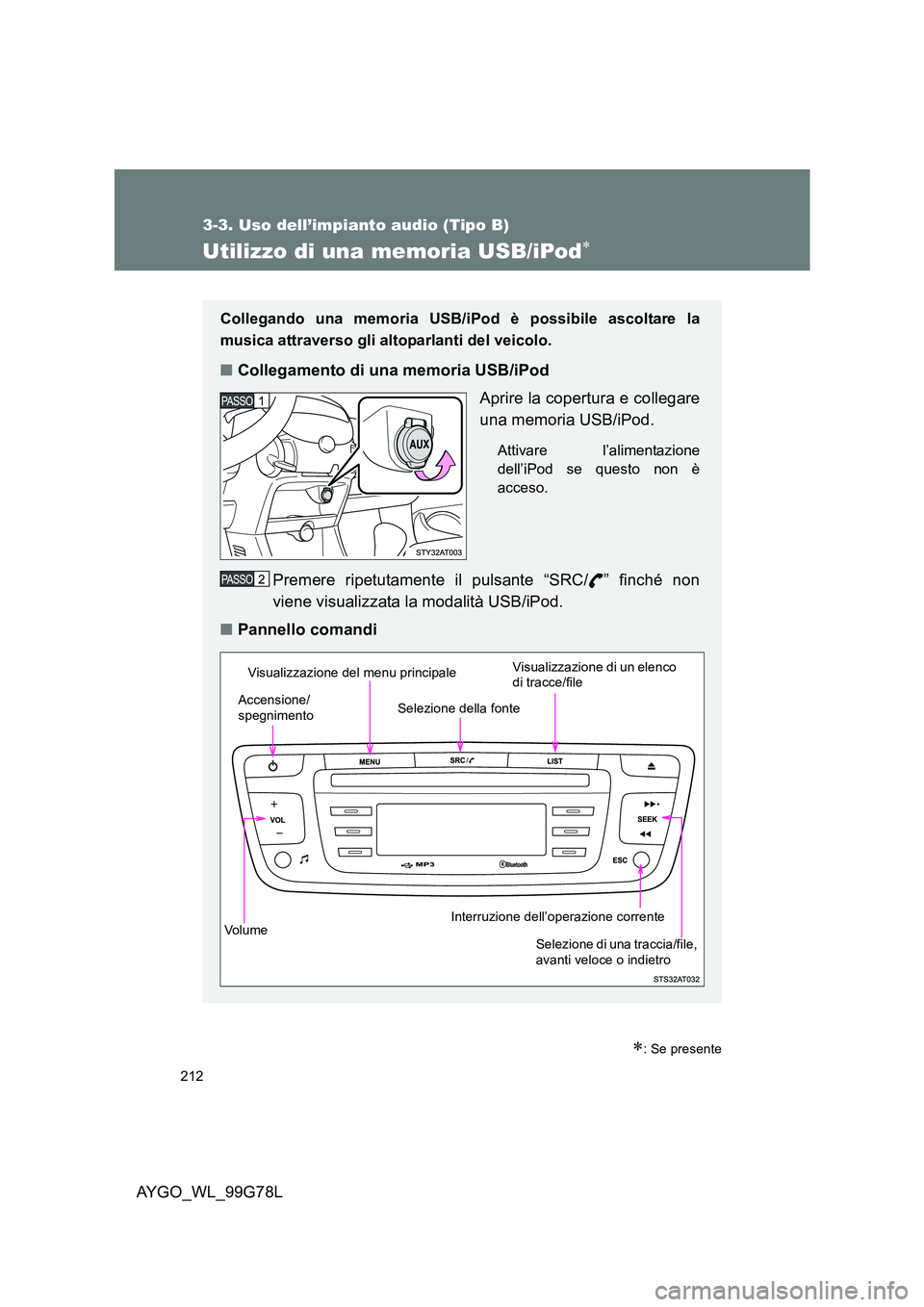 TOYOTA AYGO 2013  Manuale duso (in Italian) 212
3-3. Uso dell’impianto audio (Tipo B)
AYGO_WL_99G78L
Utilizzo di una memoria USB/iPod∗
∗: Se presente
Collegando una memoria USB/iPod è possibile ascoltare la 
musica attraverso gli altopar