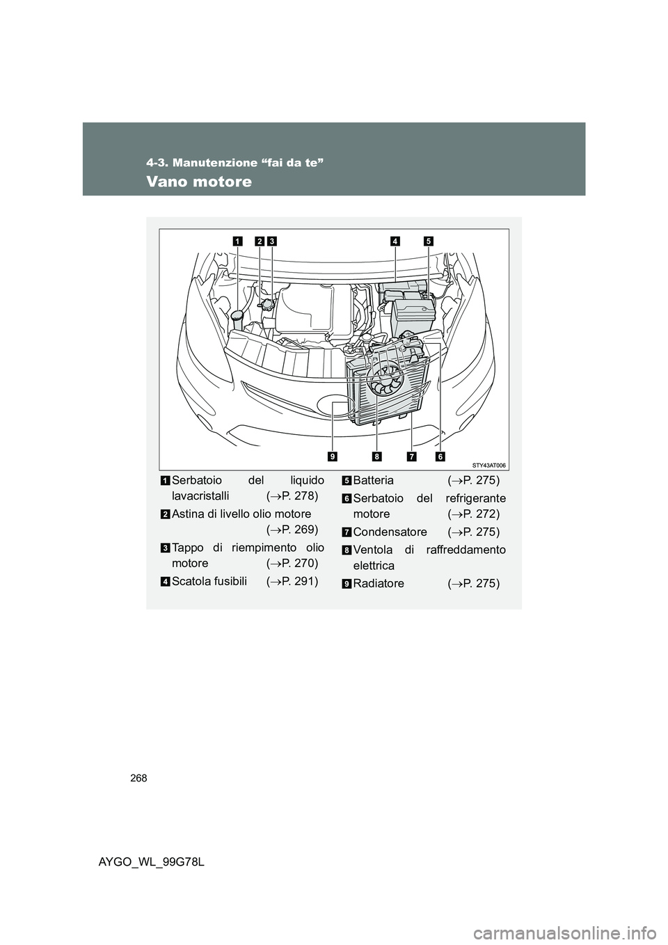 TOYOTA AYGO 2013  Manuale duso (in Italian) 268
4-3. Manutenzione “fai da te”
AYGO_WL_99G78L
Vano motore
Serbatoio del liquido 
lavacristalli ( →P. 278) 
Astina di livello olio motore 
( →P. 269) 
Tappo di riempimento olio 
motore ( →