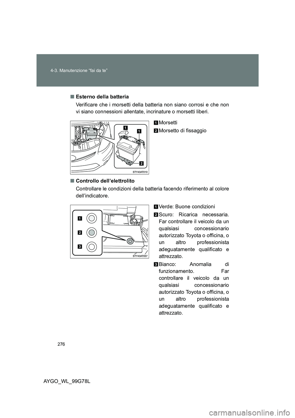 TOYOTA AYGO 2013 Manuale duso (in Italian) 276
4-3. Manutenzione “fai da te”
AYGO_WL_99G78L
■ Esterno della batteria
Verificare che i morsetti della batteria non siano corrosi e che non
vi siano connessioni allentate, incrinature o m TOYOTA AYGO 2013 Manuale duso (in Italian) 276
4-3. Manutenzione “fai da te”
AYGO_WL_99G78L
■ Esterno della batteria
Verificare che i morsetti della batteria non siano corrosi e che non
vi siano connessioni allentate, incrinature o m
